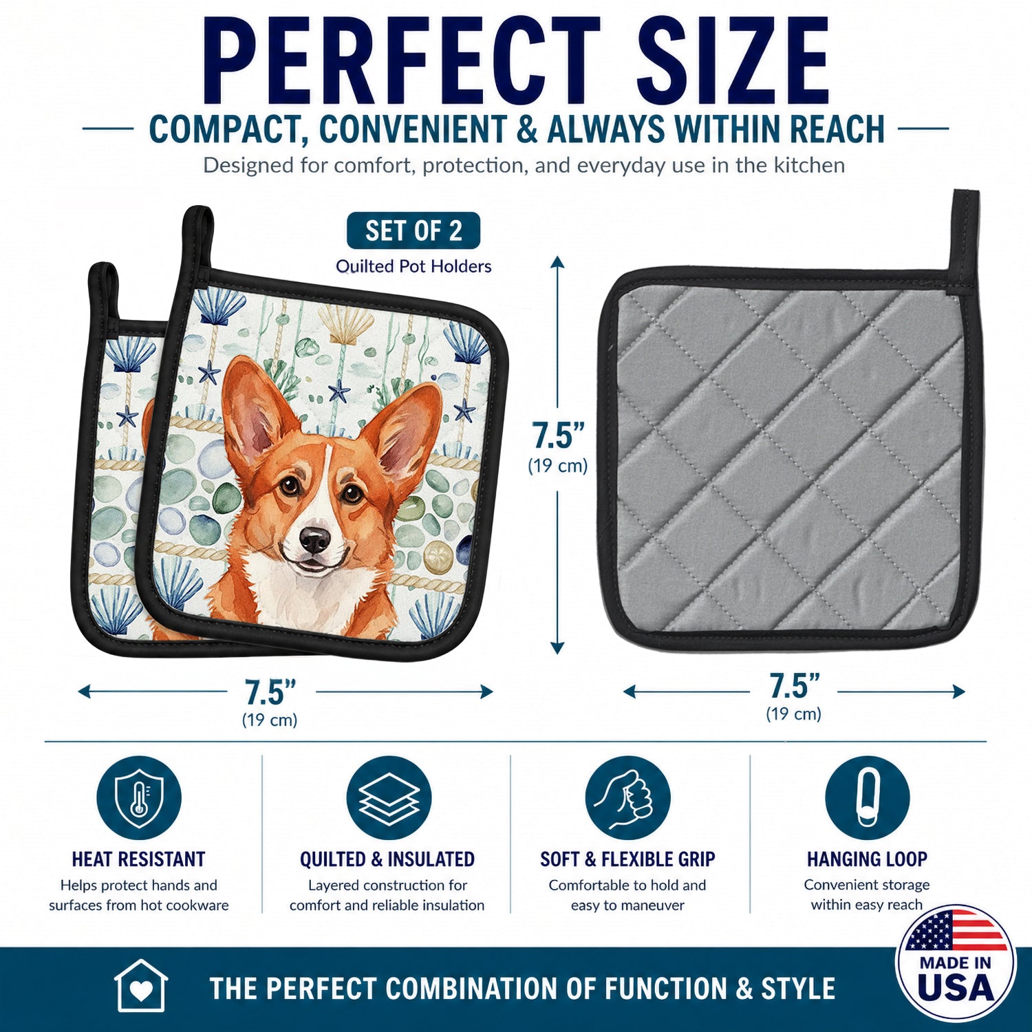 Red Cardigan Welsh Corgi Coastal Sea Glass Pot Holder Set of 2 Heat Resistant Quilted Hot Pads 7.5 x 7.5 Inch, Insulated Kitchen Trivets for Cooking & Baking