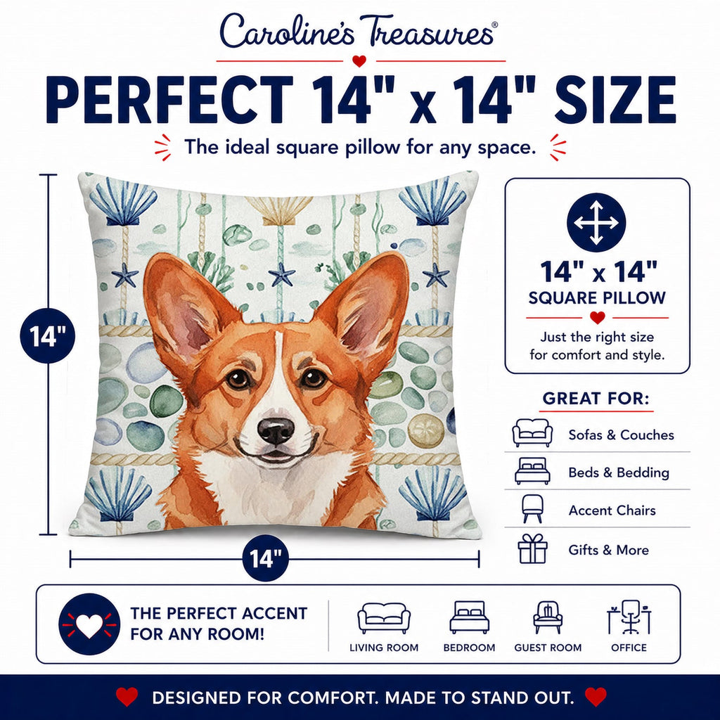 Red Cardigan Welsh Corgi Coastal Sea Glass Decorative Throw Pillow 14x14 Indoor Outdoor Accent Cushion, Fabric Cover with Insert for Sofa, Bed, Porch & Living Room