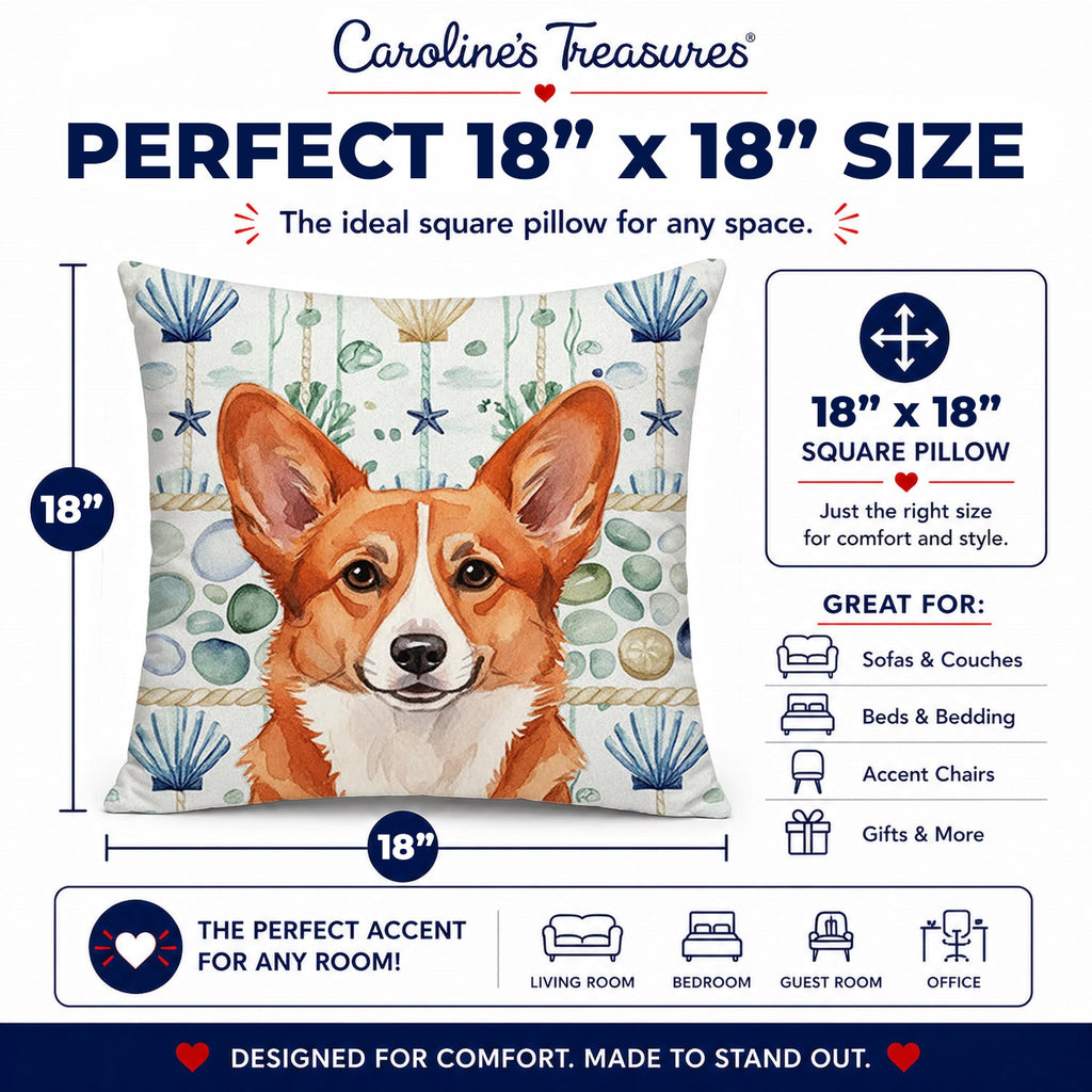 Red Cardigan Welsh Corgi Coastal Sea Glass Decorative Throw Pillow 18x18 Indoor Outdoor Accent Cushion, Fabric Cover with Insert for Sofa, Bed, Porch & Living Room