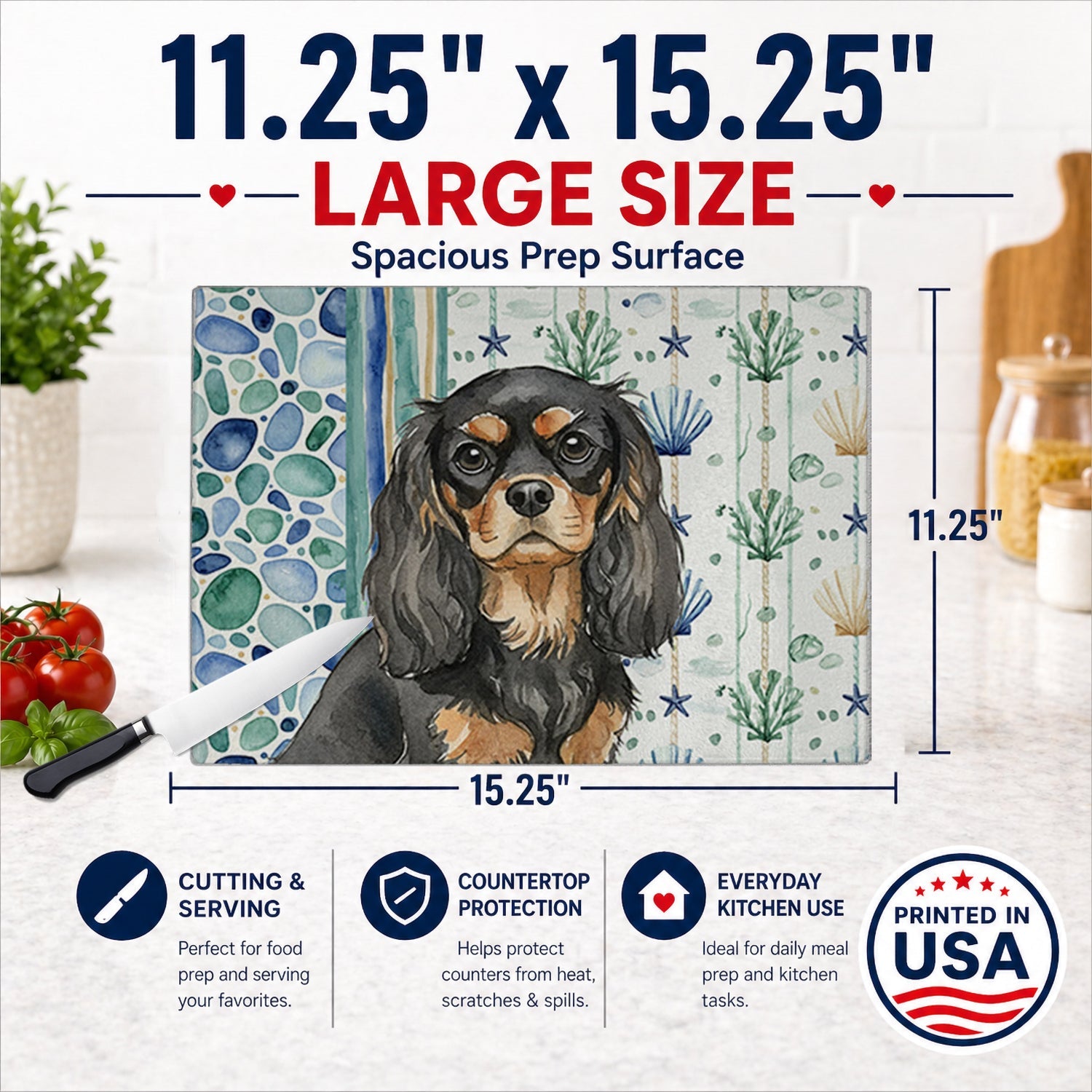 Black and Tan Cavalier Spaniel Coastal Sea Glass Cutting Board Tempered Glass Kitchen Cutting Surface, Heat Resistant Chopping, Non-Slip Feet, Food Prep & Serving