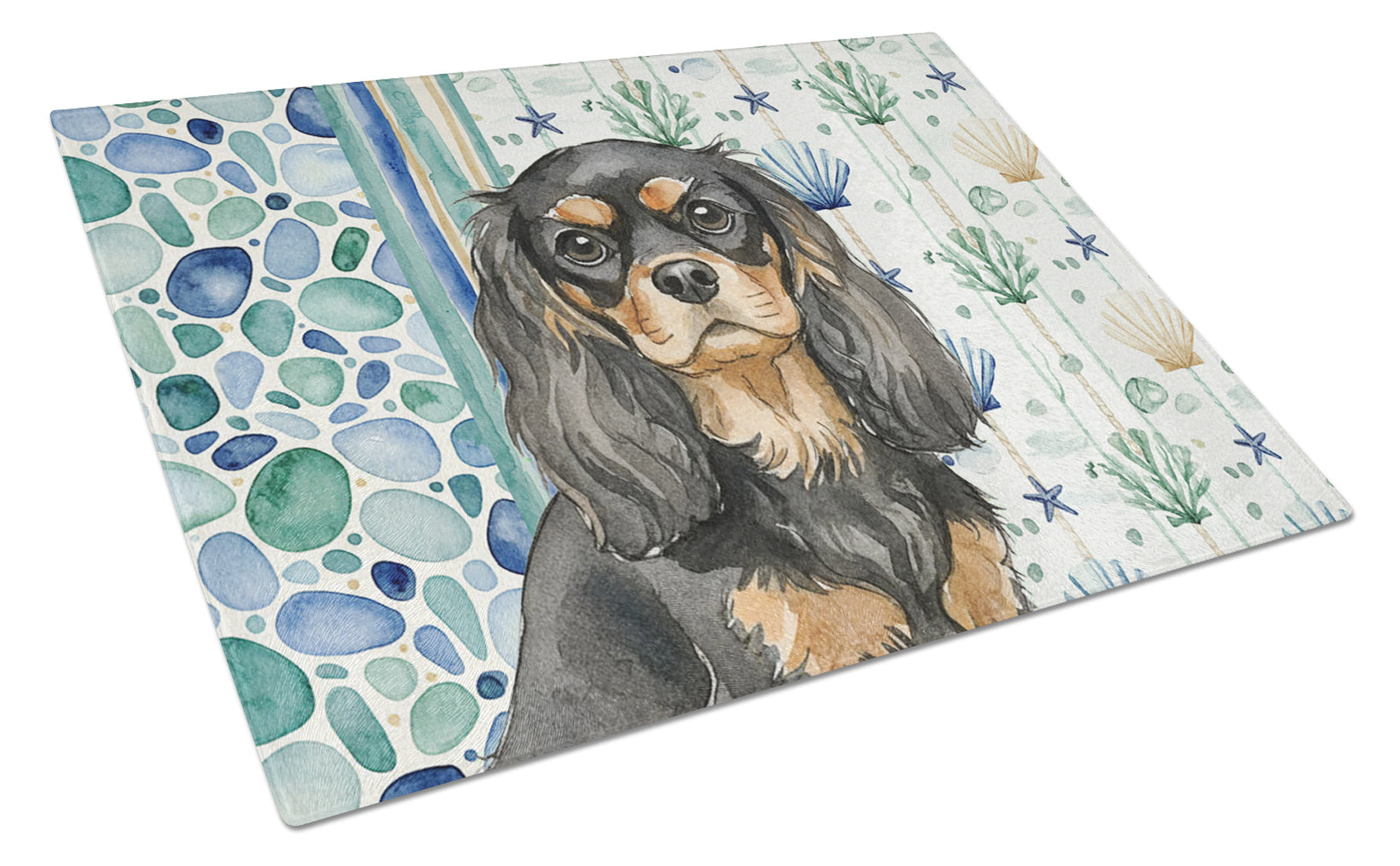 Black and Tan Cavalier Spaniel Coastal Sea Glass Cutting Board Tempered Glass Kitchen Cutting Surface, Heat Resistant Chopping, Non-Slip Feet, Food Prep & Serving