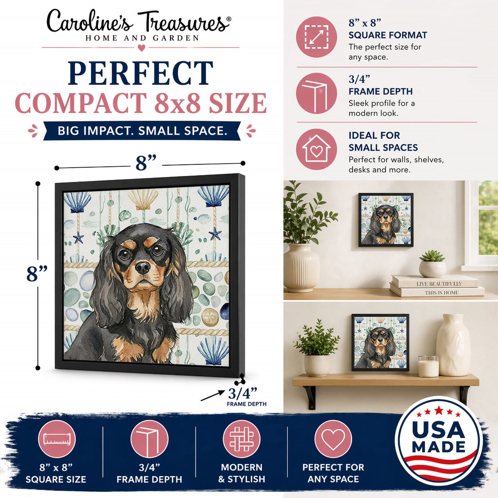 Black and Tan Cavalier Spaniel Coastal Sea Glass Framed Metal Print Bathroom, Kitchen, Office, Home Decor Wall Art Ready to Hang, Square, 8X8