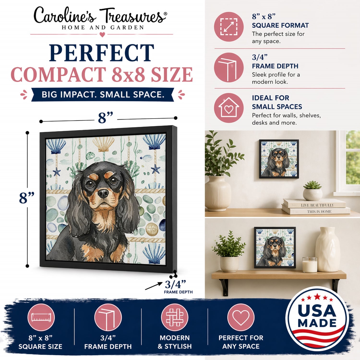 Black and Tan Cavalier Spaniel Coastal Sea Glass Framed Metal Print Bathroom, Kitchen, Office, Home Decor Wall Art Ready to Hang, Square, 8X8