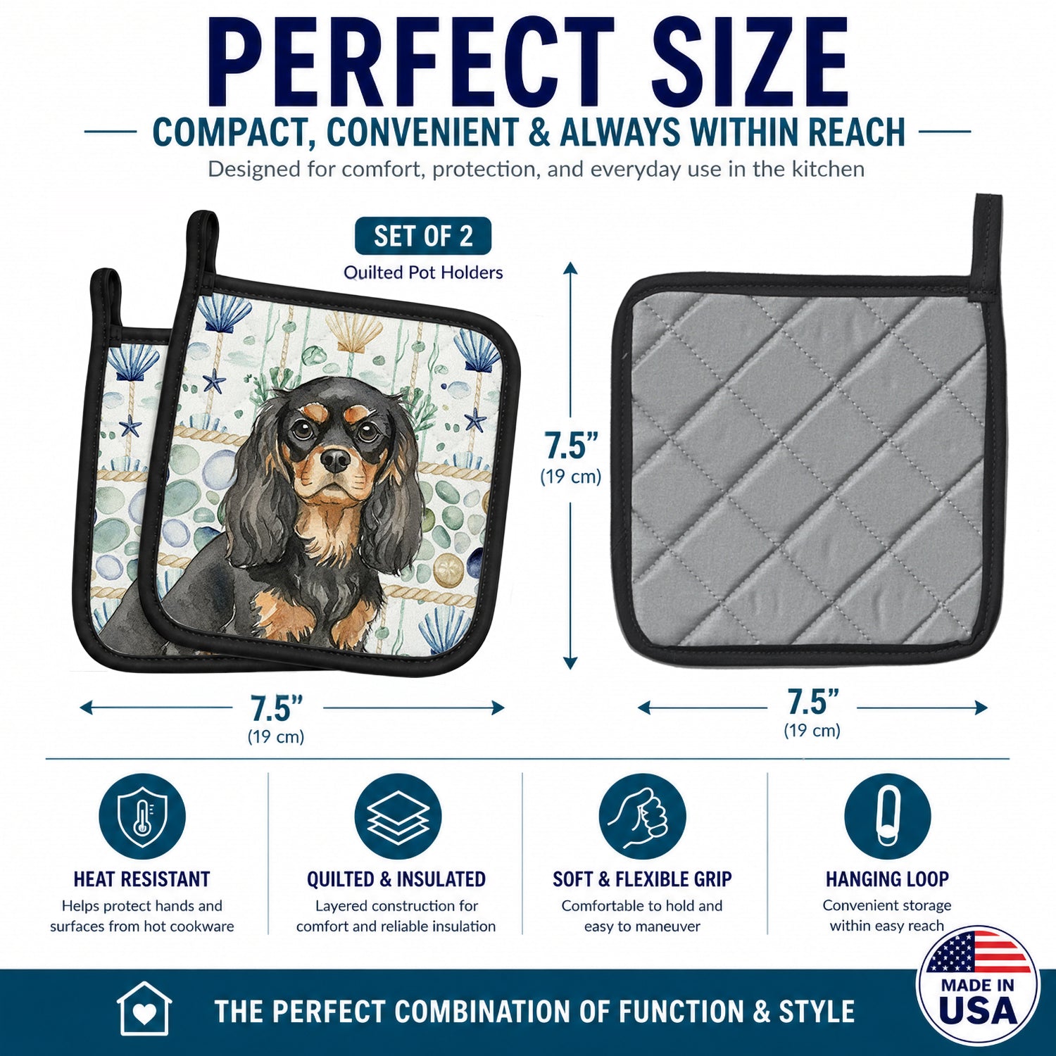 Black and Tan Cavalier Spaniel Coastal Sea Glass Pot Holder Set of 2 Heat Resistant Quilted Hot Pads 7.5 x 7.5 Inch, Insulated Kitchen Trivets for Cooking & Baking