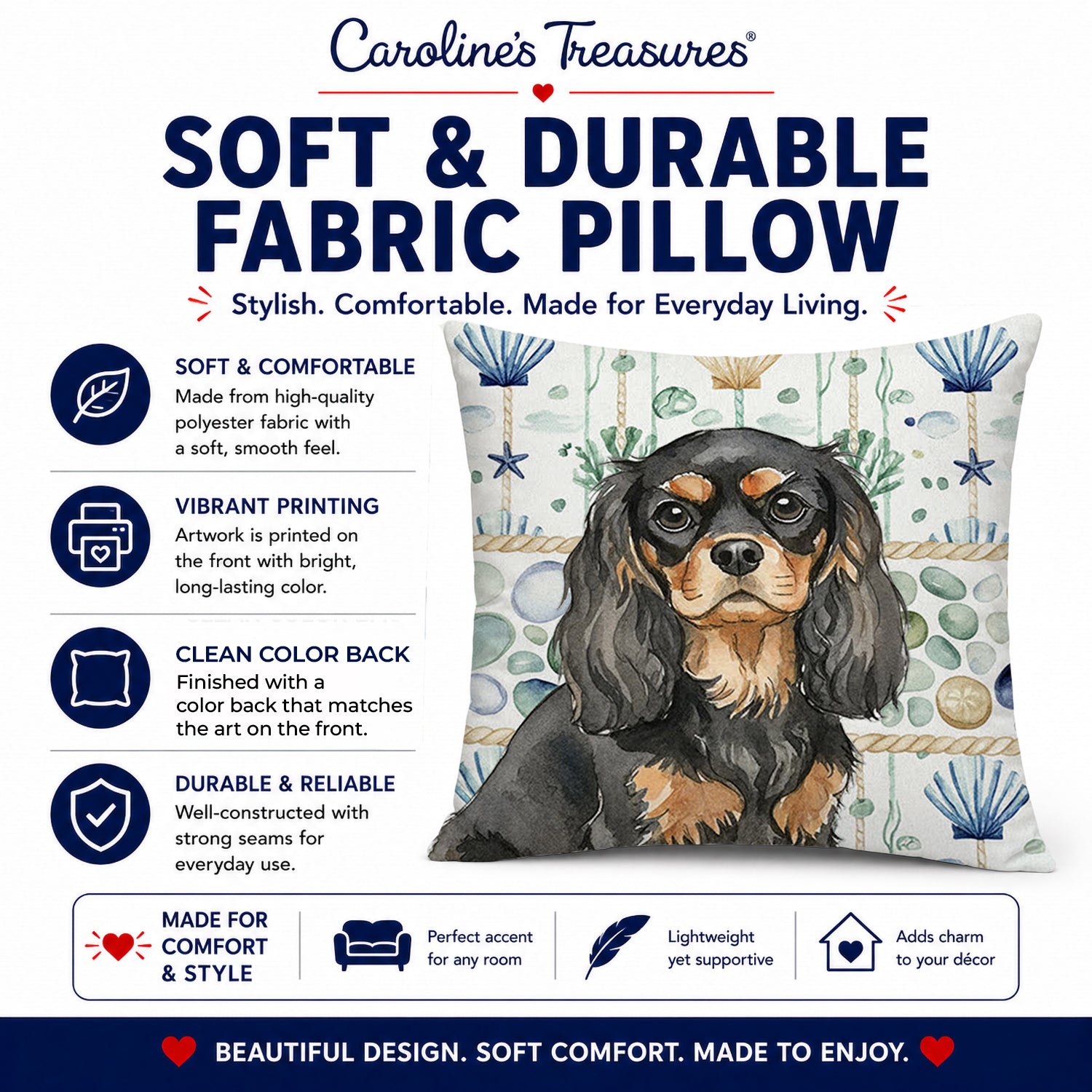 Black and Tan Cavalier Spaniel Coastal Sea Glass Decorative Throw Pillow 18x18 Indoor Outdoor Accent Cushion, Fabric Cover with Insert for Sofa, Bed, Porch & Living Room