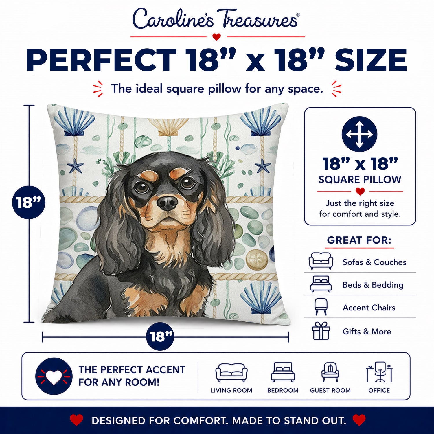 Black and Tan Cavalier Spaniel Coastal Sea Glass Decorative Throw Pillow 18x18 Indoor Outdoor Accent Cushion, Fabric Cover with Insert for Sofa, Bed, Porch & Living Room