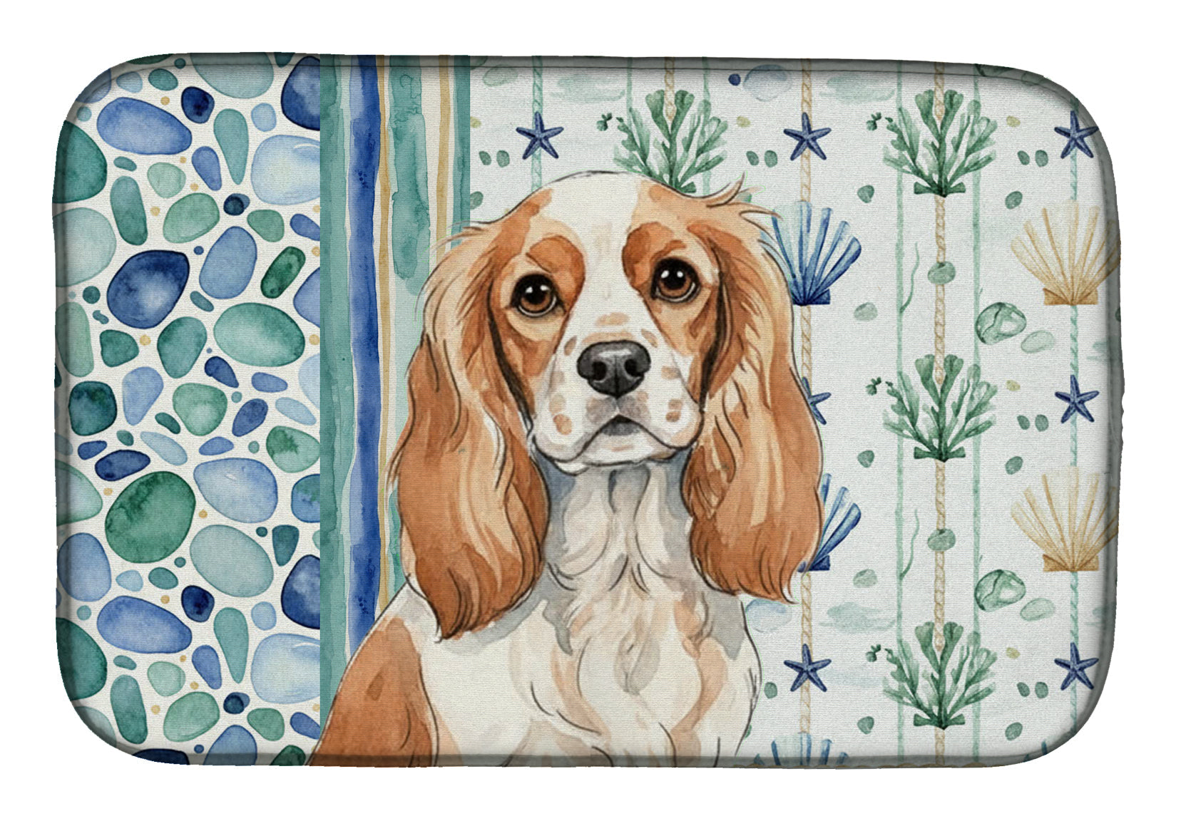 Blenheim Cavalier Spaniel Coastal Sea Glass Dish Drying Mat Absorbent Dish Drying Mat Pad for Kitchen Counter Dish Drainer Mat for Countertop, 14 x 21", Multicolor
