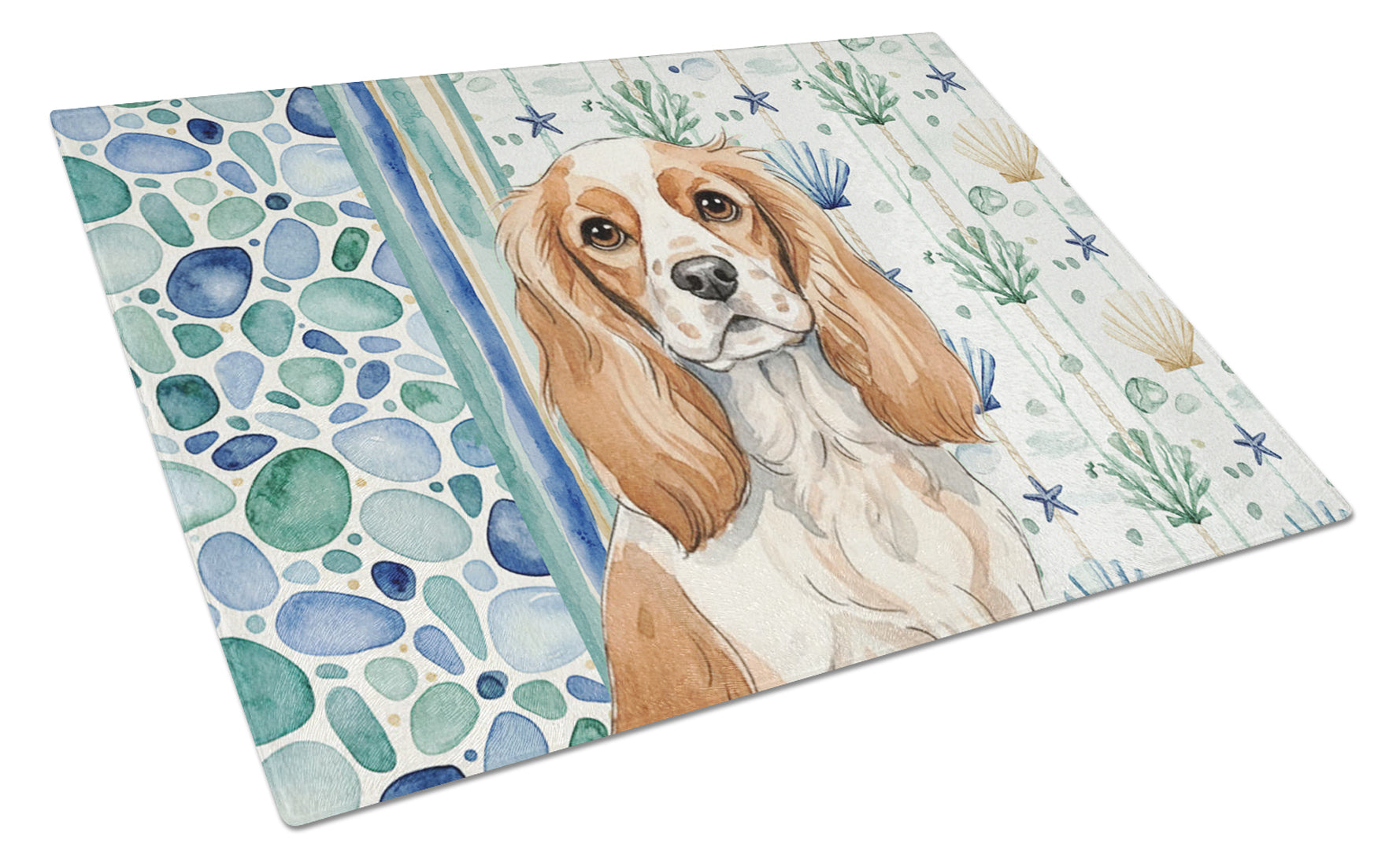 Blenheim Cavalier Spaniel Coastal Sea Glass Cutting Board Tempered Glass Kitchen Cutting Surface, Heat Resistant Chopping, Non-Slip Feet, Food Prep & Serving