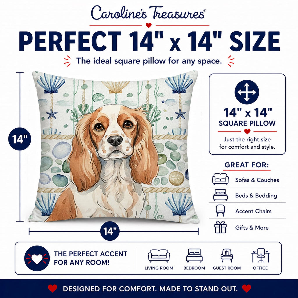 Blenheim Cavalier Spaniel Coastal Sea Glass Decorative Throw Pillow 14x14 Indoor Outdoor Accent Cushion, Fabric Cover with Insert for Sofa, Bed, Porch & Living Room