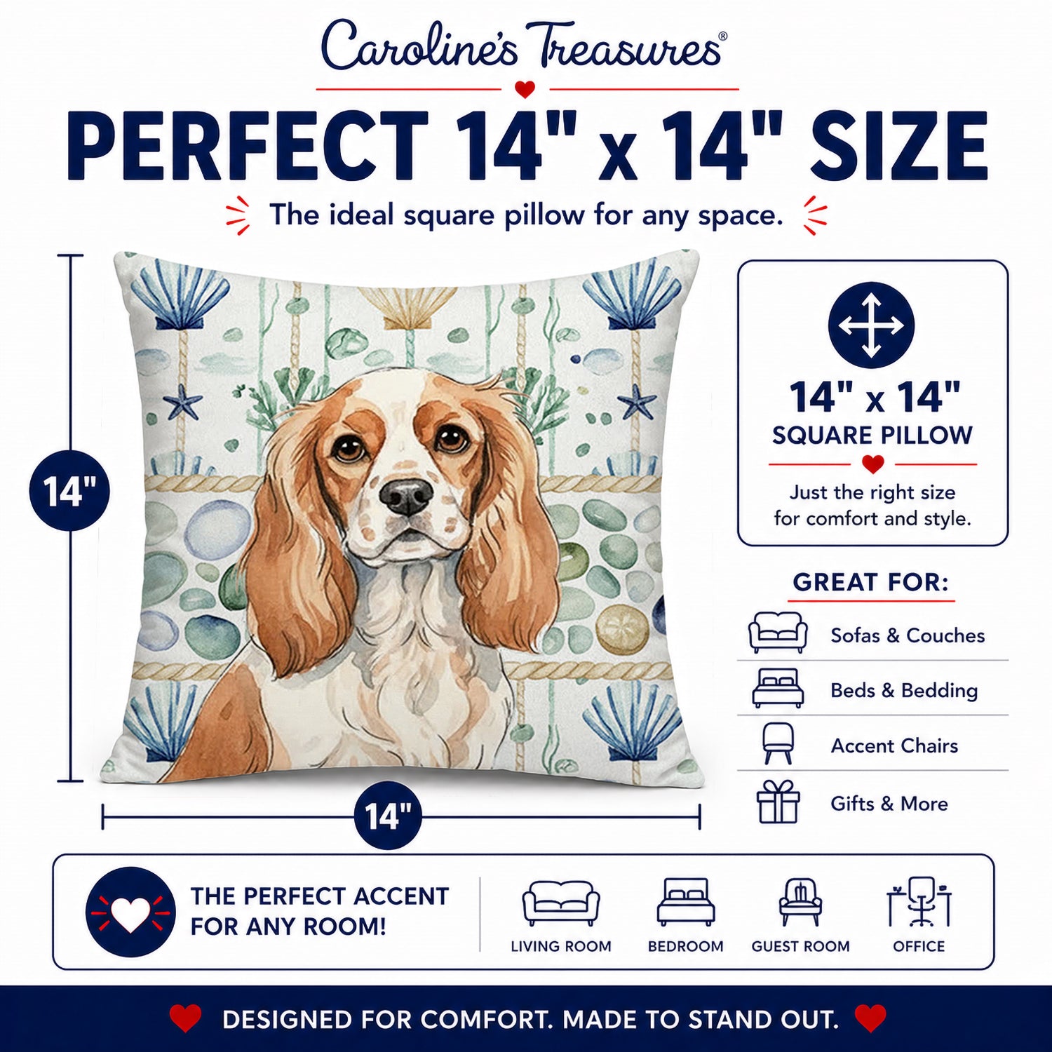 Blenheim Cavalier Spaniel Coastal Sea Glass Decorative Throw Pillow 14x14 Indoor Outdoor Accent Cushion, Fabric Cover with Insert for Sofa, Bed, Porch & Living Room