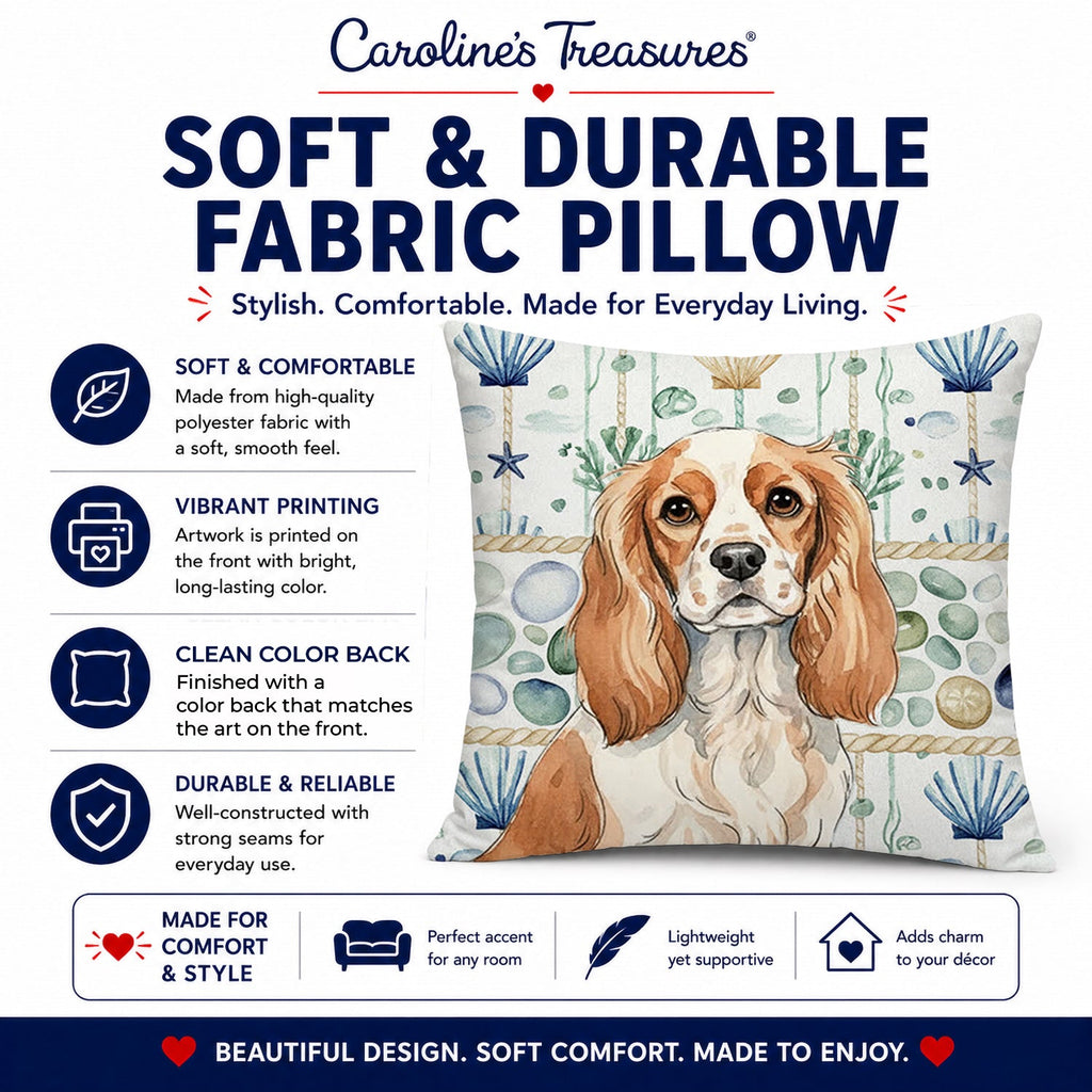 Blenheim Cavalier Spaniel Coastal Sea Glass Decorative Throw Pillow 18x18 Indoor Outdoor Accent Cushion, Fabric Cover with Insert for Sofa, Bed, Porch & Living Room
