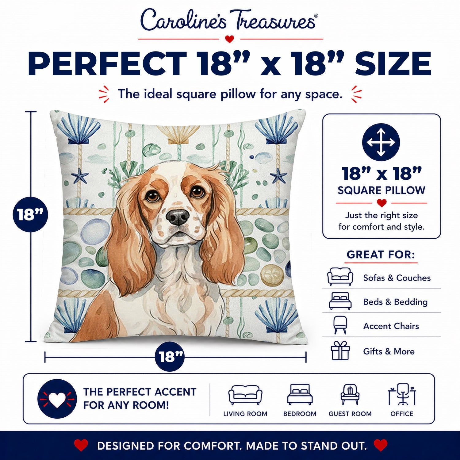 Blenheim Cavalier Spaniel Coastal Sea Glass Decorative Throw Pillow 18x18 Indoor Outdoor Accent Cushion, Fabric Cover with Insert for Sofa, Bed, Porch & Living Room