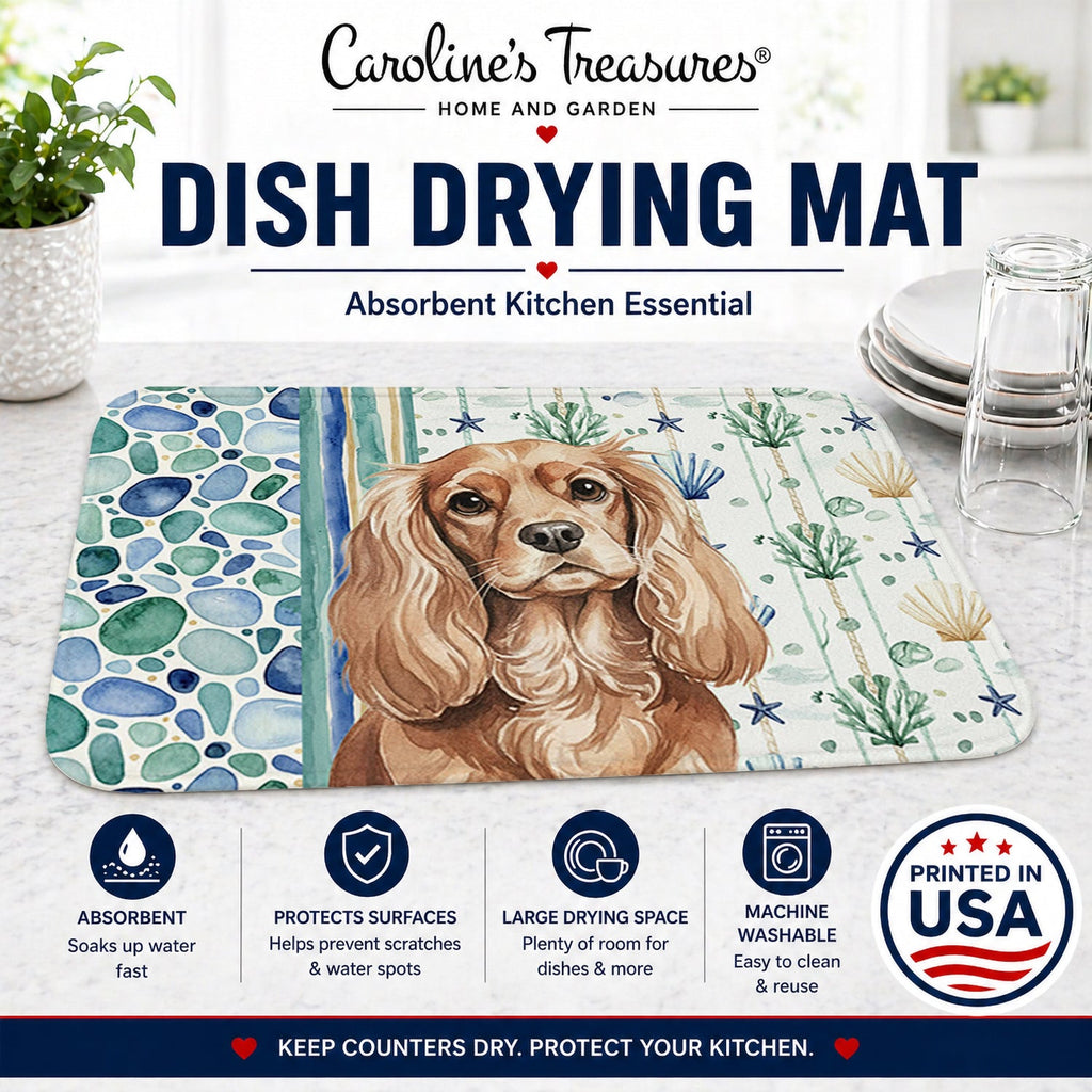 Ruby Cavalier Spaniel Coastal Sea Glass Dish Drying Mat Absorbent Dish Drying Mat Pad for Kitchen Counter Dish Drainer Mat for Countertop, 14 x 21", Multicolor