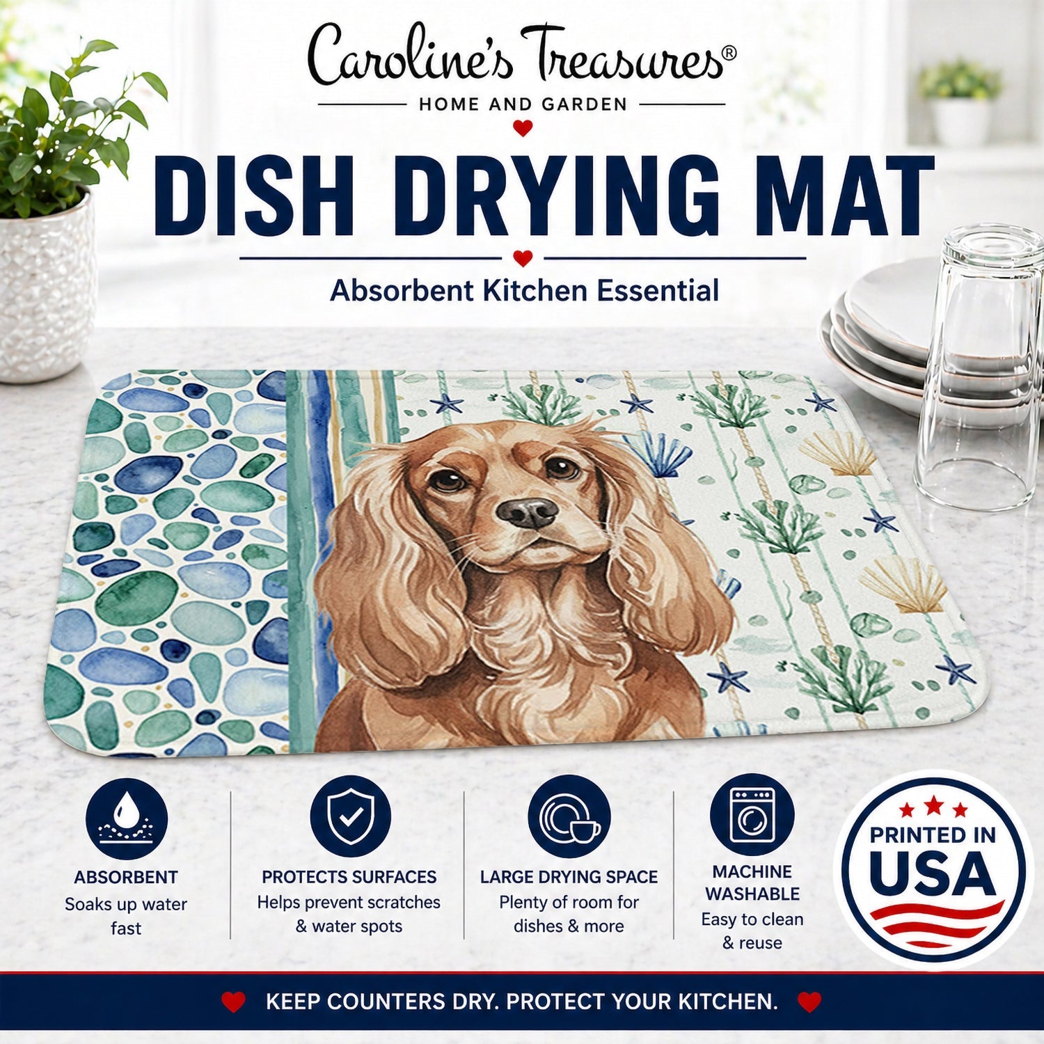 Ruby Cavalier Spaniel Coastal Sea Glass Dish Drying Mat Absorbent Dish Drying Mat Pad for Kitchen Counter Dish Drainer Mat for Countertop, 14 x 21", Multicolor