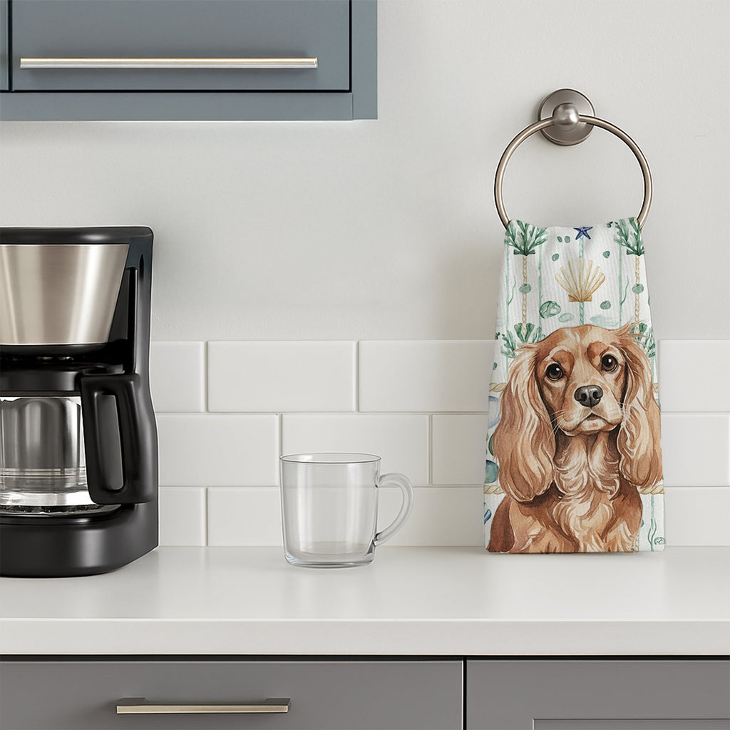 Ruby Cavalier Spaniel Coastal Sea Glass Kitchen Towel Velour Plush Front and Cotton Loop Back Machine Washable