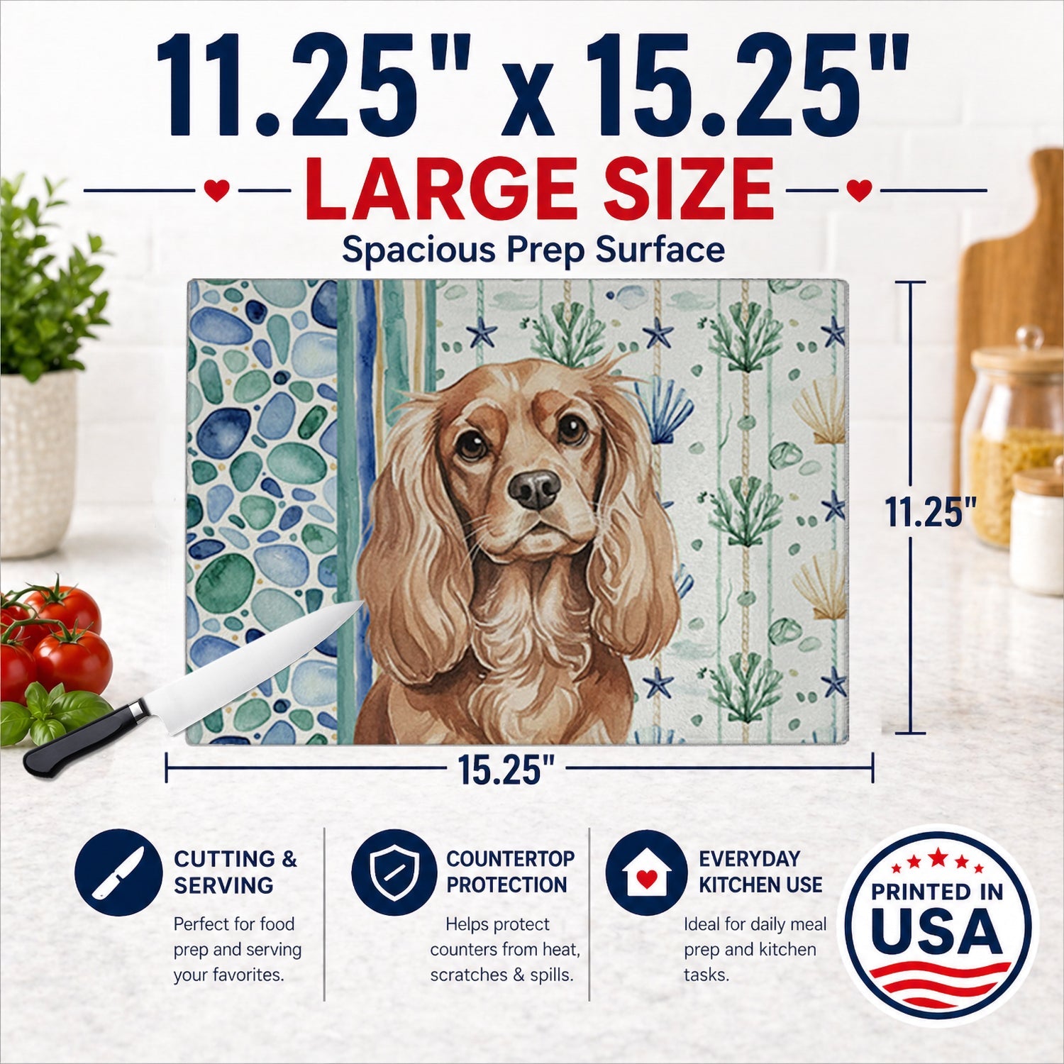 Ruby Cavalier Spaniel Coastal Sea Glass Cutting Board Tempered Glass Kitchen Cutting Surface, Heat Resistant Chopping, Non-Slip Feet, Food Prep & Serving