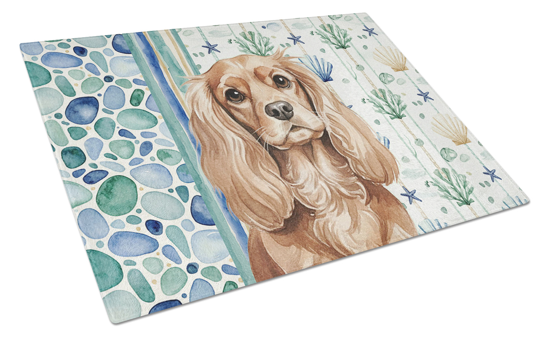 Ruby Cavalier Spaniel Coastal Sea Glass Cutting Board Tempered Glass Kitchen Cutting Surface, Heat Resistant Chopping, Non-Slip Feet, Food Prep & Serving