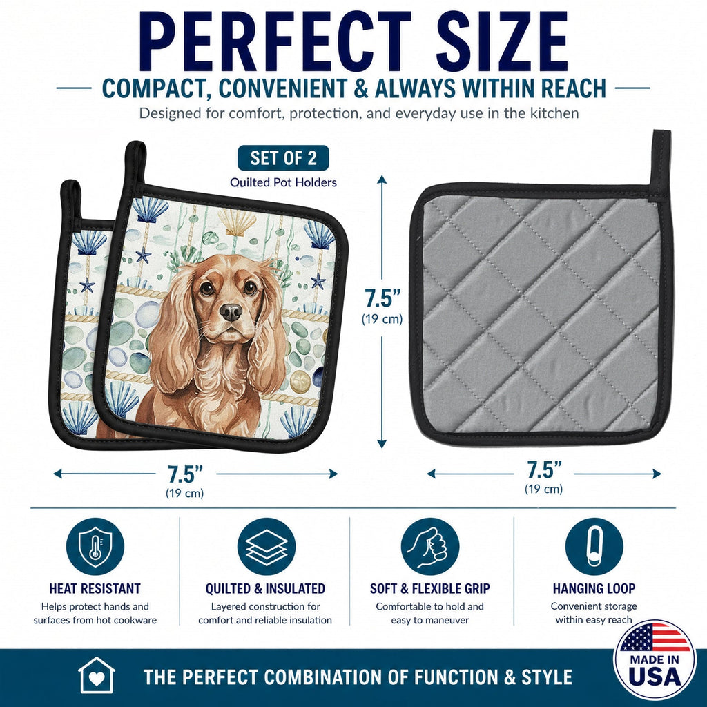 Ruby Cavalier Spaniel Coastal Sea Glass Pot Holder Set of 2 Heat Resistant Quilted Hot Pads 7.5 x 7.5 Inch, Insulated Kitchen Trivets for Cooking & Baking