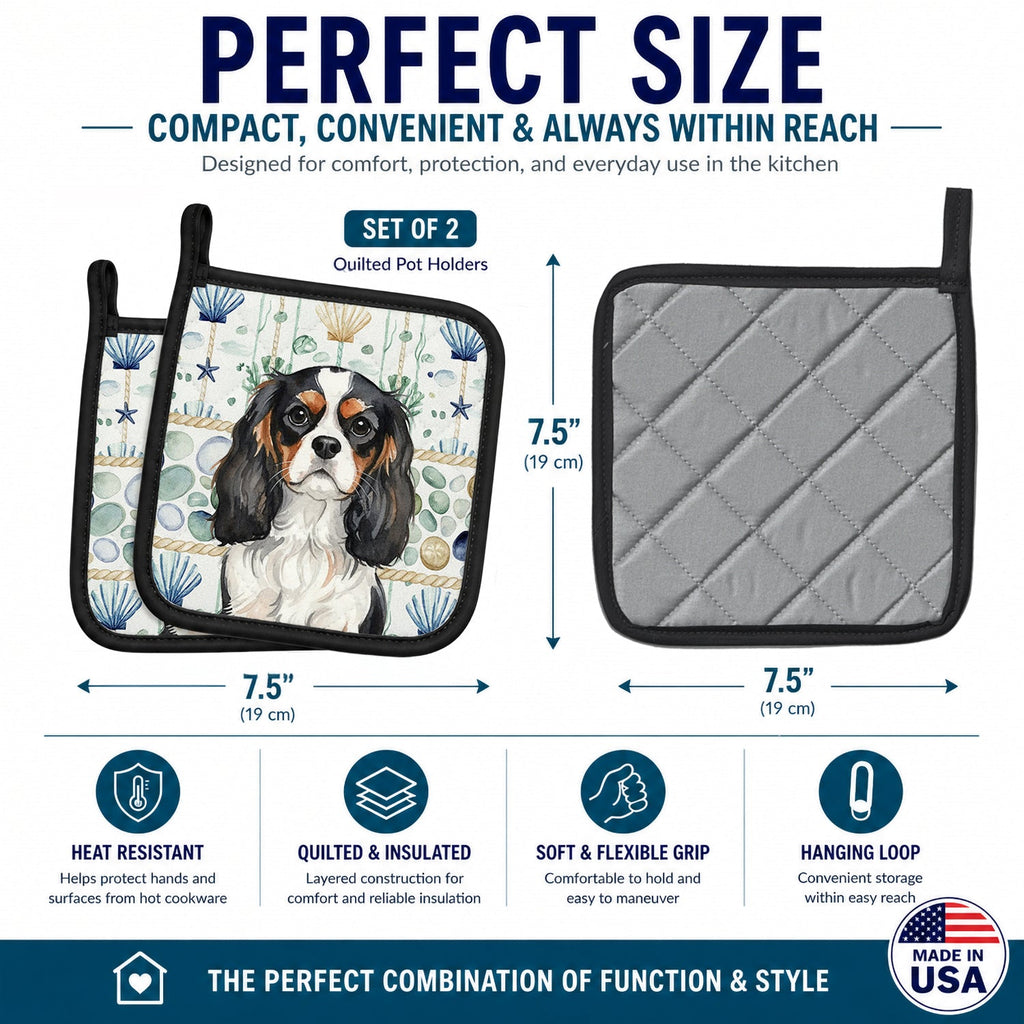 Tricolor Cavalier Spaniel Coastal Sea Glass Pot Holder Set of 2 Heat Resistant Quilted Hot Pads 7.5 x 7.5 Inch, Insulated Kitchen Trivets for Cooking & Baking