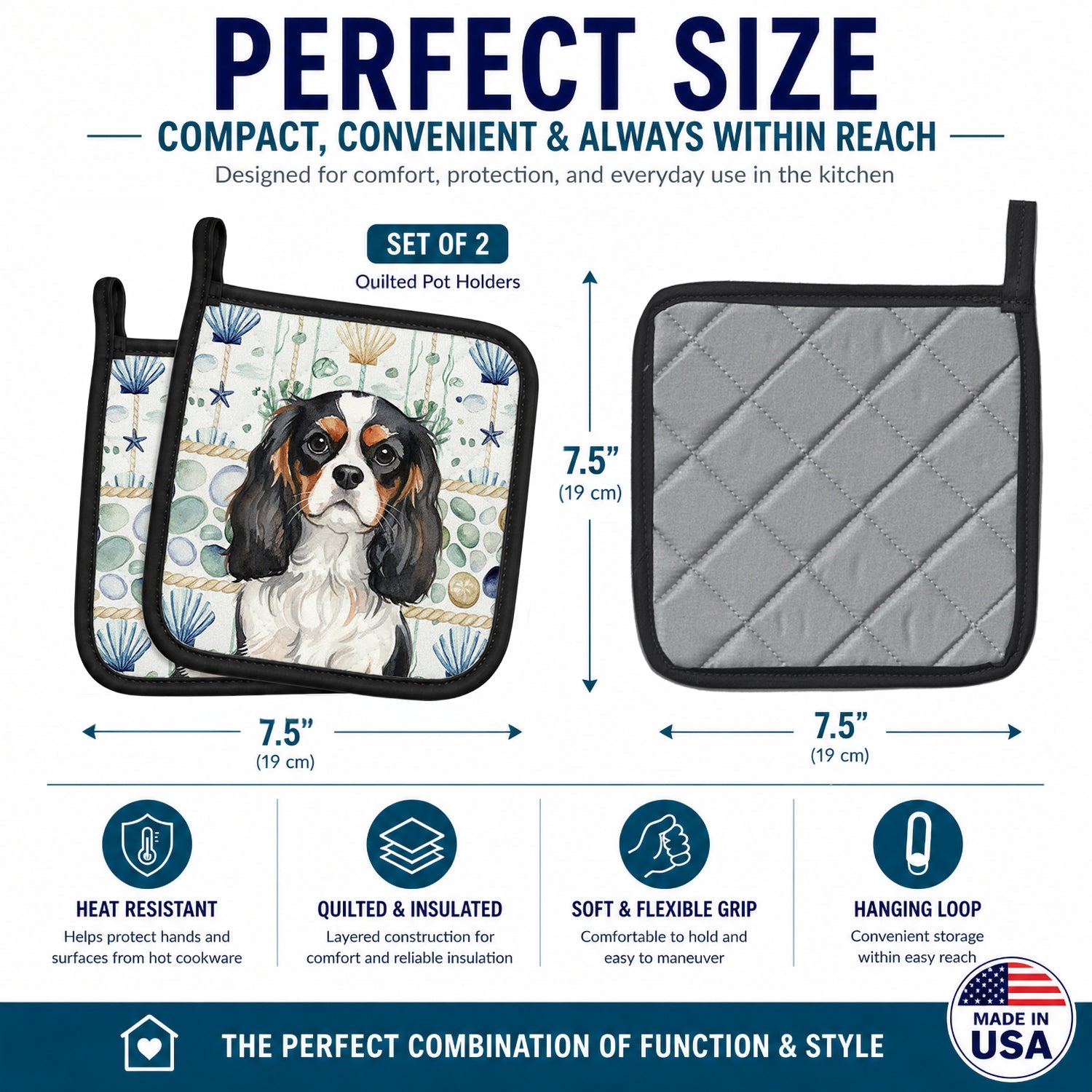 Tricolor Cavalier Spaniel Coastal Sea Glass Pot Holder Set of 2 Heat Resistant Quilted Hot Pads 7.5 x 7.5 Inch, Insulated Kitchen Trivets for Cooking & Baking