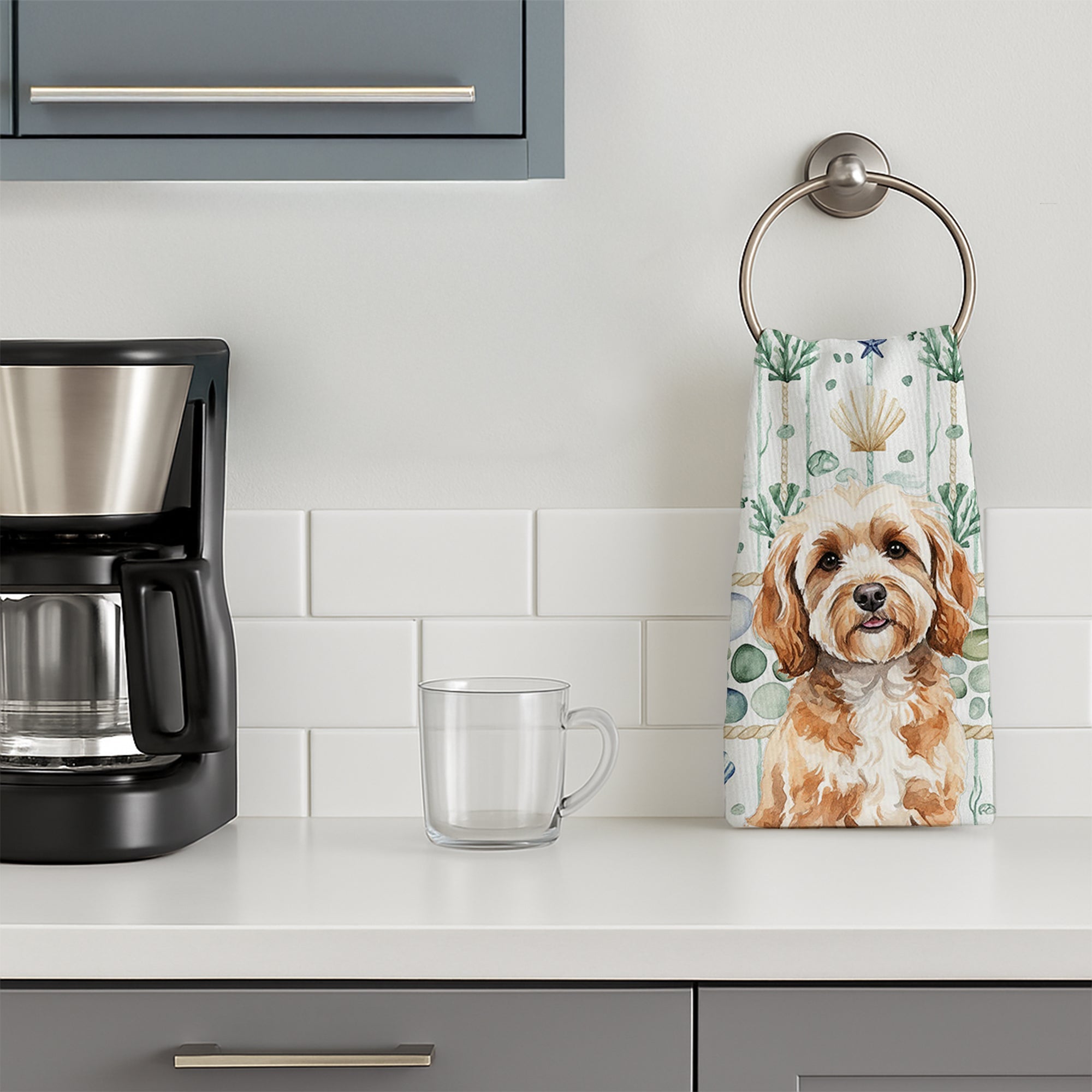 Cavapoo Coastal Sea Glass Kitchen Towel Velour Plush Front and Cotton Loop Back Machine Washable