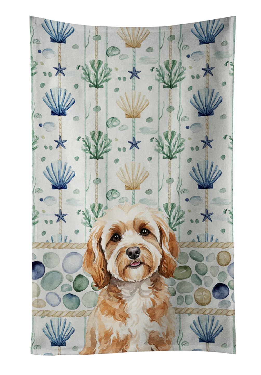 Cavapoo Coastal Sea Glass Kitchen Towel Velour Plush Front and Cotton Loop Back Machine Washable