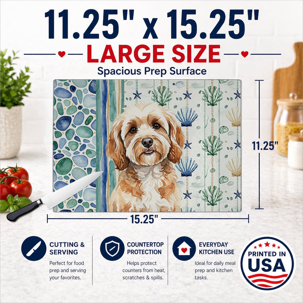 Cavapoo Coastal Sea Glass Cutting Board Tempered Glass Kitchen Cutting Surface, Heat Resistant Chopping, Non-Slip Feet, Food Prep & Serving