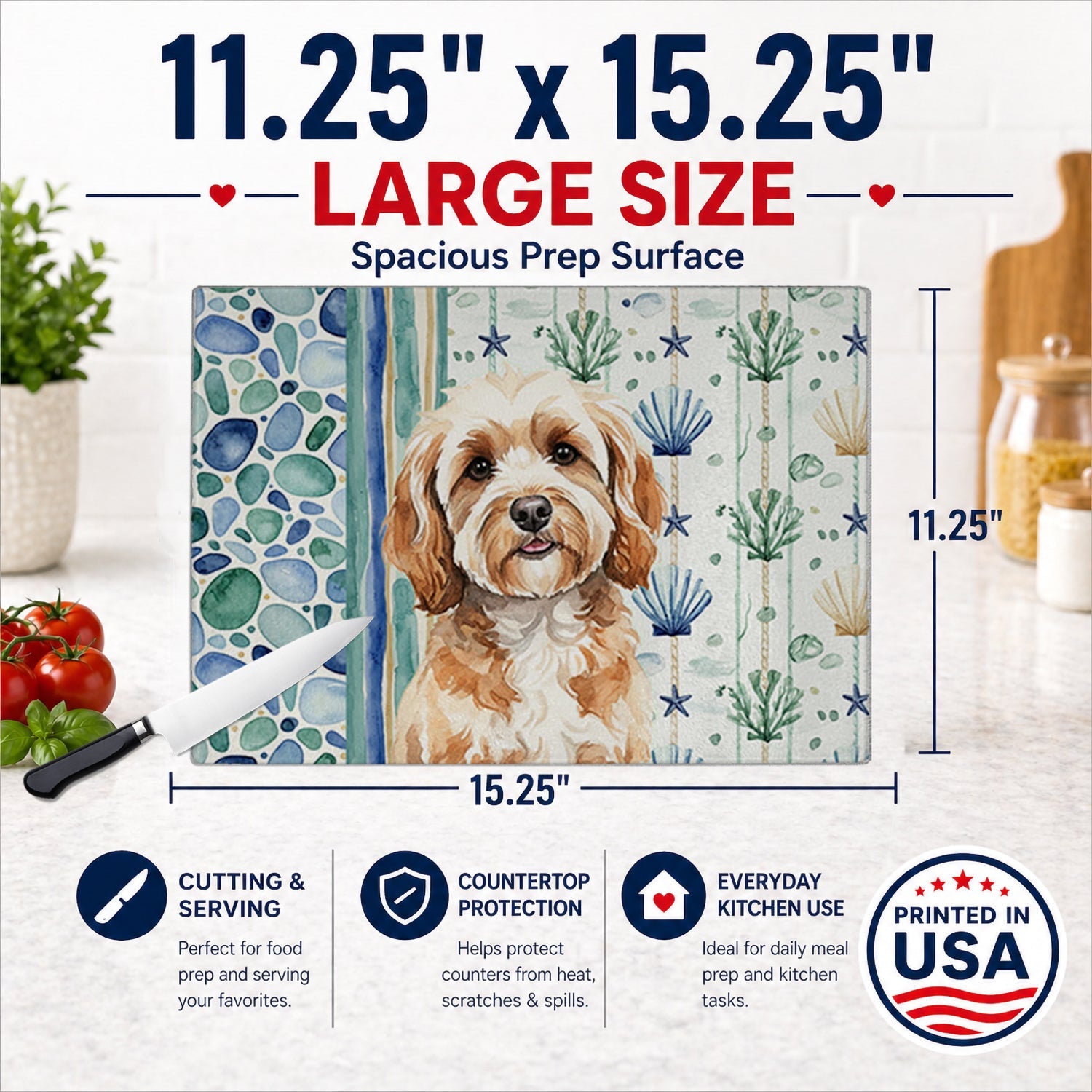 Cavapoo Coastal Sea Glass Cutting Board Tempered Glass Kitchen Cutting Surface, Heat Resistant Chopping, Non-Slip Feet, Food Prep & Serving