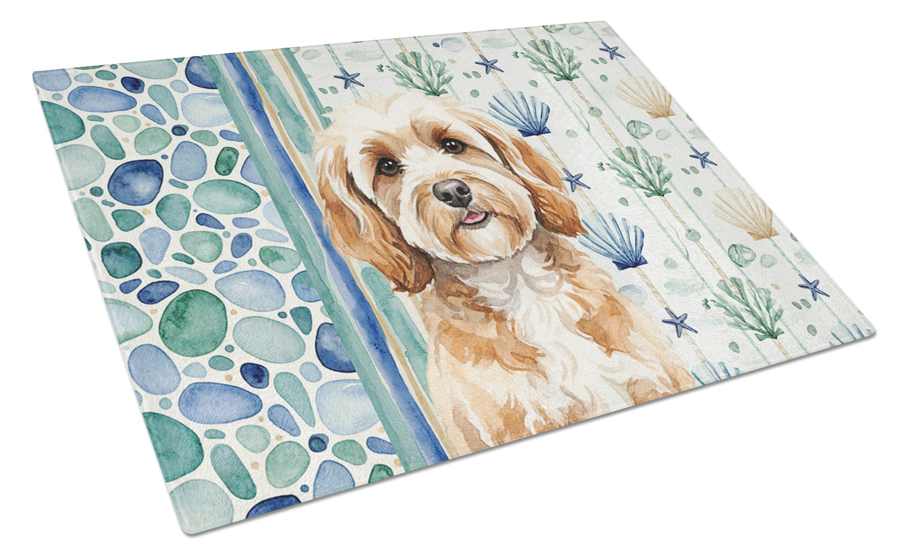 Cavapoo Coastal Sea Glass Cutting Board Tempered Glass Kitchen Cutting Surface, Heat Resistant Chopping, Non-Slip Feet, Food Prep & Serving