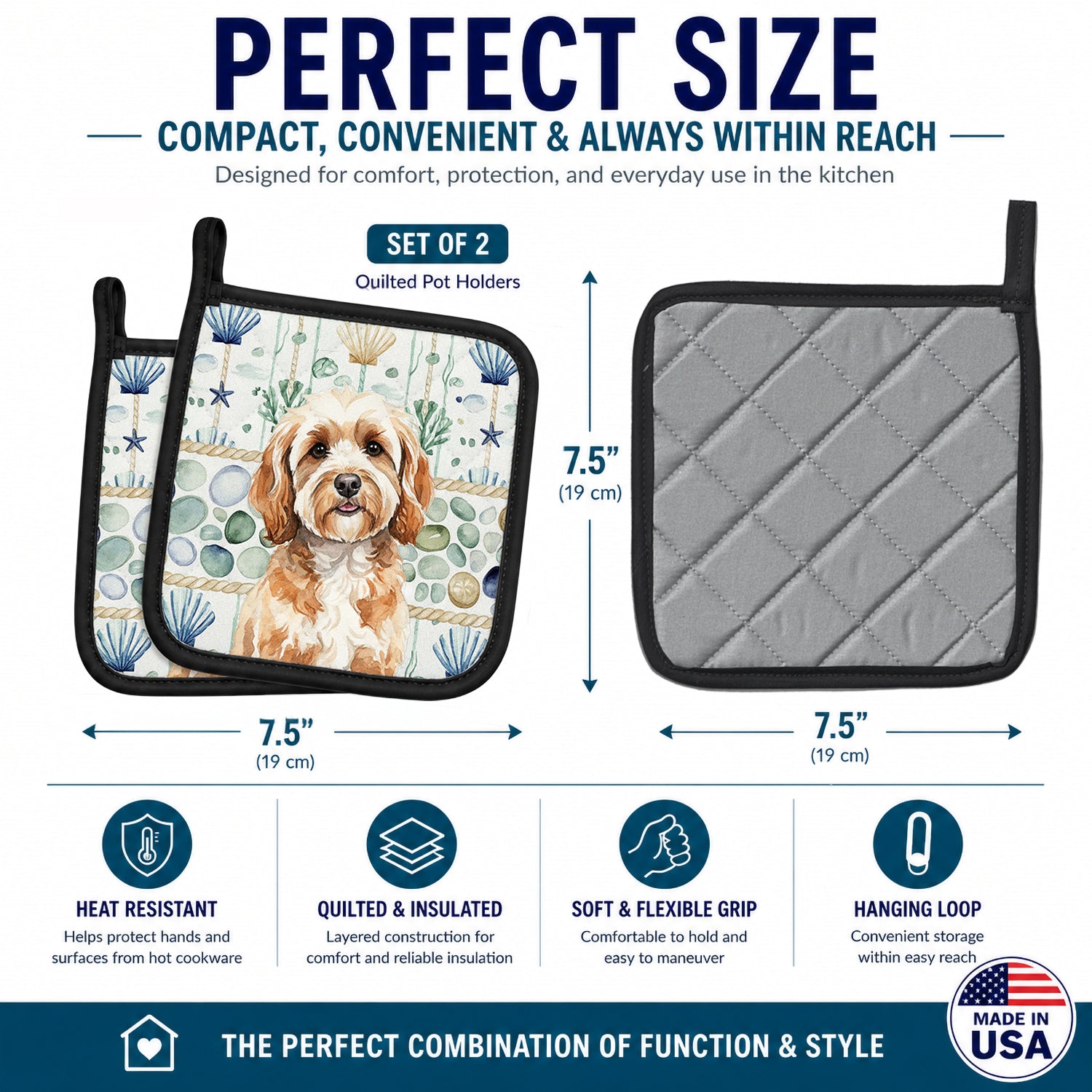 Cavapoo Coastal Sea Glass Pot Holder Set of 2 Heat Resistant Quilted Hot Pads 7.5 x 7.5 Inch, Insulated Kitchen Trivets for Cooking & Baking