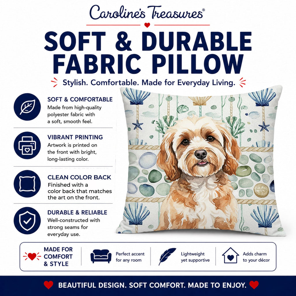 Cavapoo Coastal Sea Glass Decorative Throw Pillow 14x14 Indoor Outdoor Accent Cushion, Fabric Cover with Insert for Sofa, Bed, Porch & Living Room
