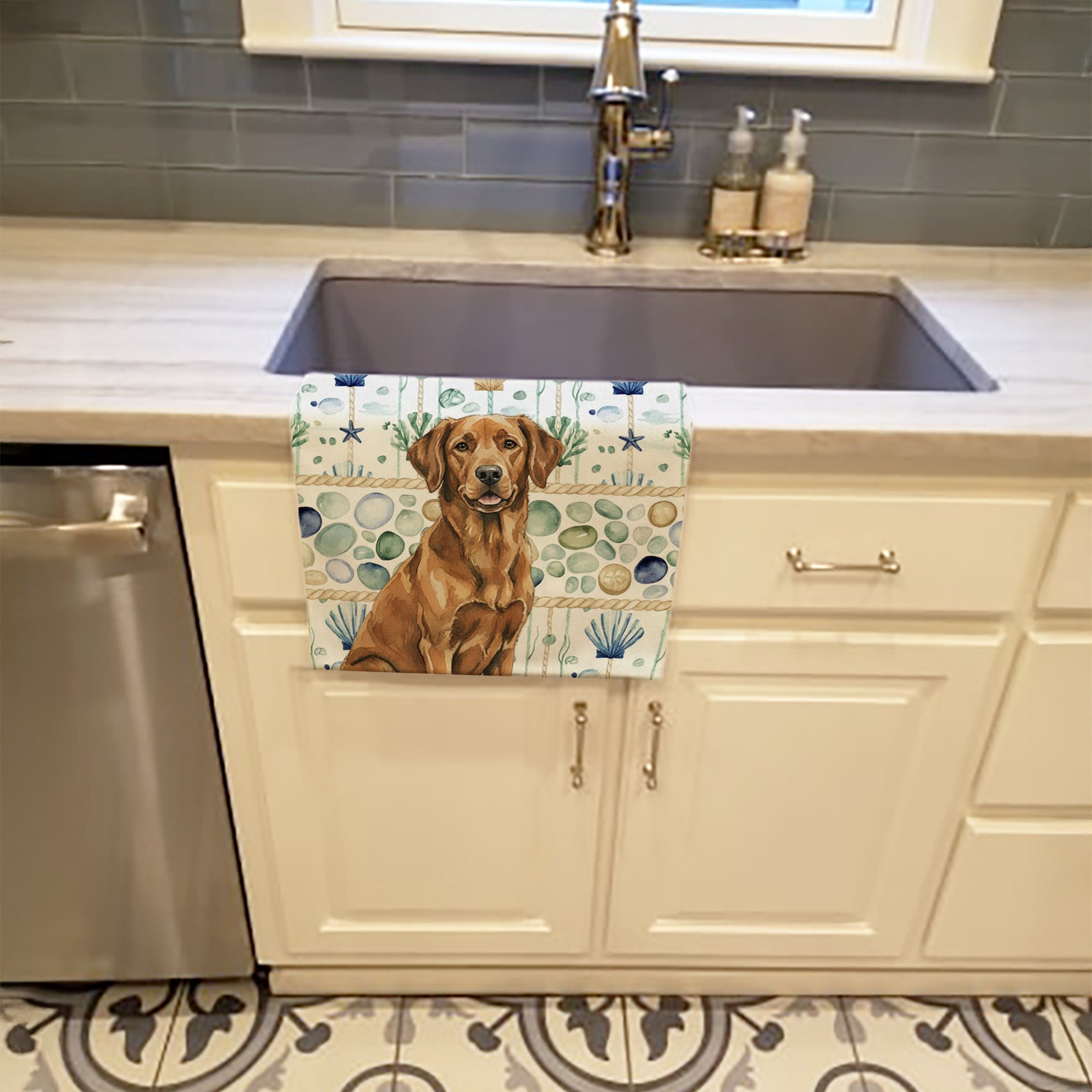 Chesapeake Bay Retriever Coastal Sea Glass Kitchen Towel Velour Plush Front and Cotton Loop Back Machine Washable