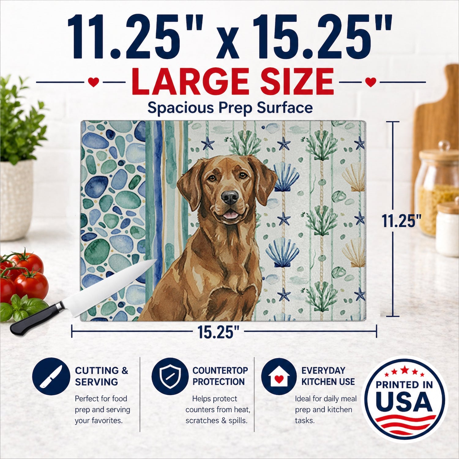 Chesapeake Bay Retriever Coastal Sea Glass Cutting Board Tempered Glass Kitchen Cutting Surface, Heat Resistant Chopping, Non-Slip Feet, Food Prep & Serving