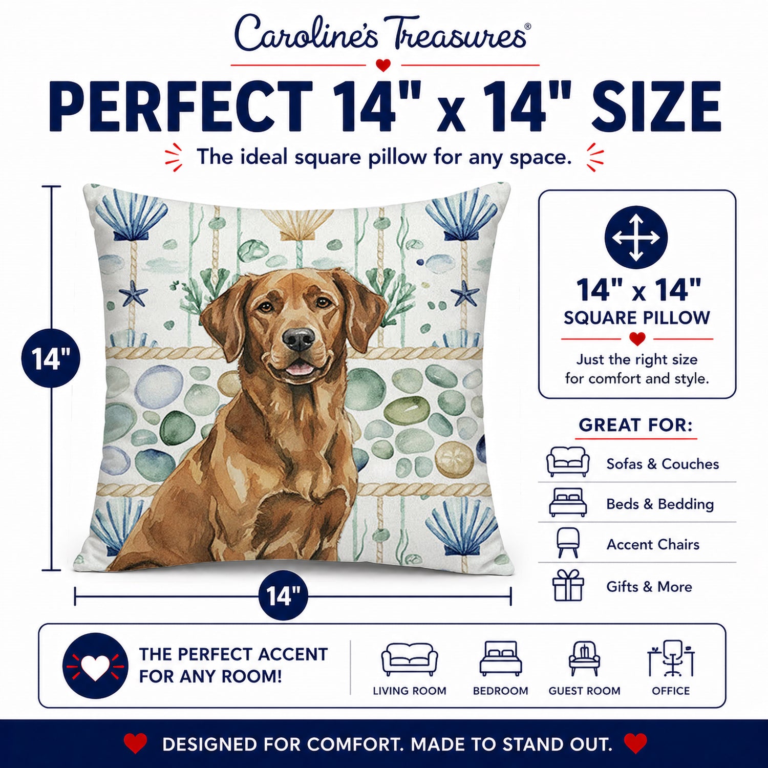 Chesapeake Bay Retriever Coastal Sea Glass Decorative Throw Pillow 14x14 Indoor Outdoor Accent Cushion, Fabric Cover with Insert for Sofa, Bed, Porch & Living Room