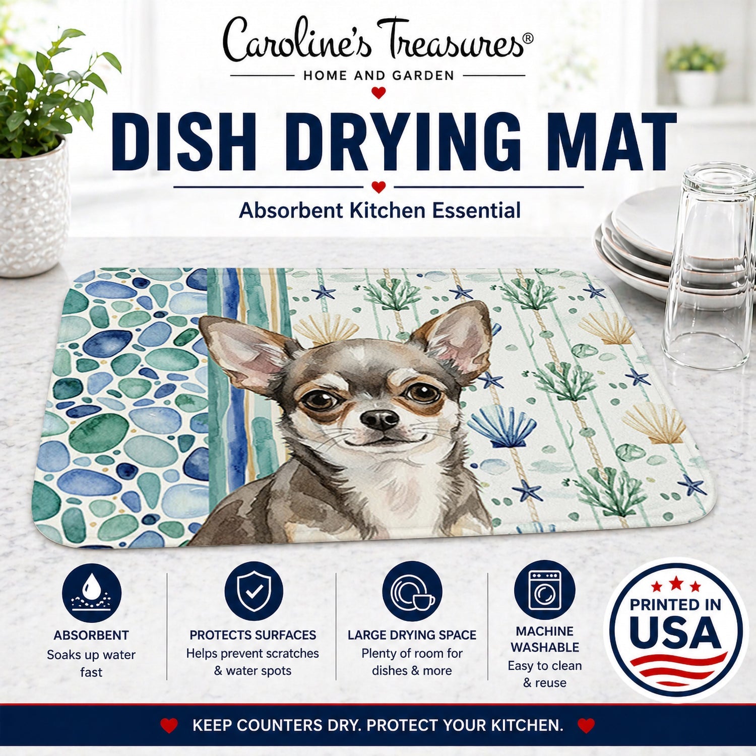 Chihuahua Coastal Sea Glass Dish Drying Mat Absorbent Dish Drying Mat Pad for Kitchen Counter Dish Drainer Mat for Countertop, 14 x 21", Multicolor