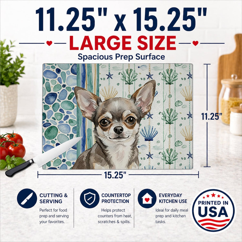 Chihuahua Coastal Sea Glass Cutting Board Tempered Glass Kitchen Cutting Surface, Heat Resistant Chopping, Non-Slip Feet, Food Prep & Serving