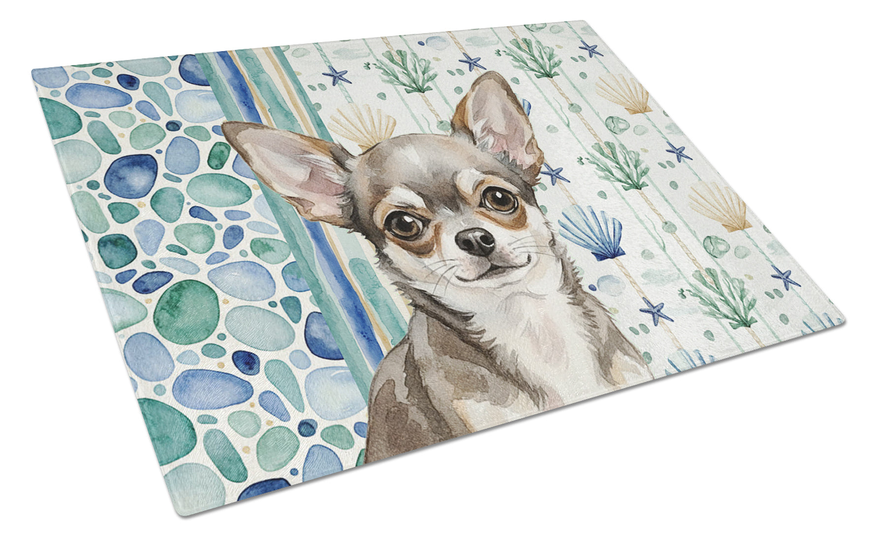 Chihuahua Coastal Sea Glass Cutting Board Tempered Glass Kitchen Cutting Surface, Heat Resistant Chopping, Non-Slip Feet, Food Prep & Serving