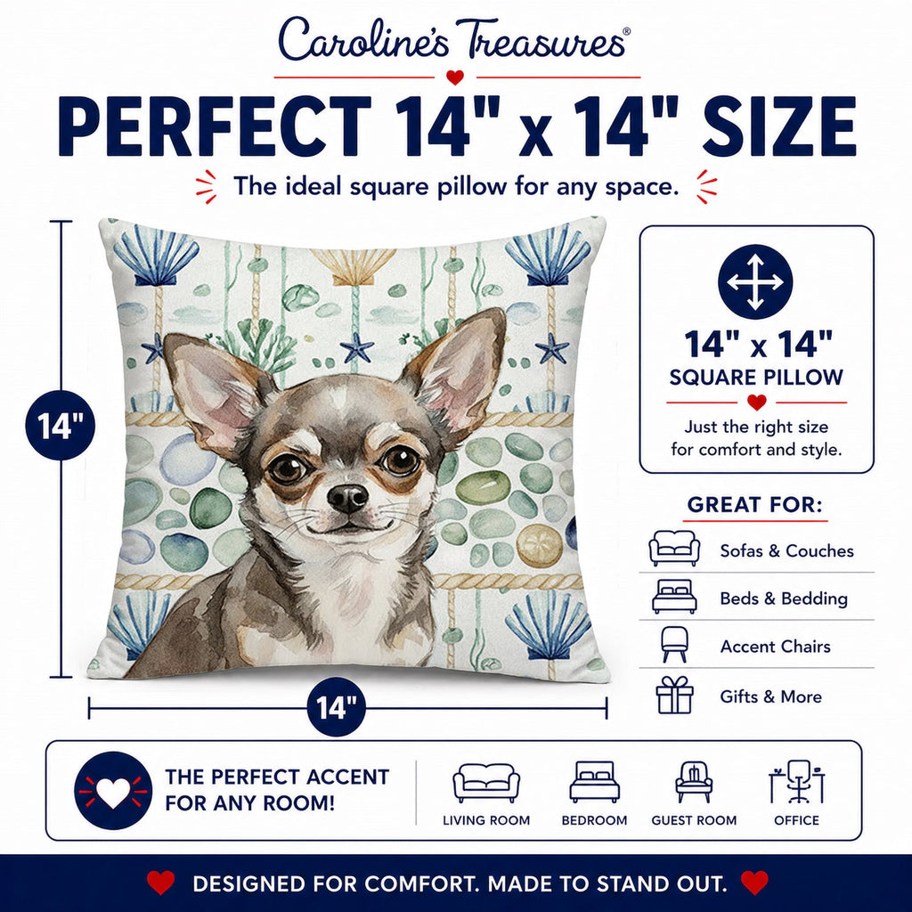 Chihuahua Coastal Sea Glass Decorative Throw Pillow 14x14 Indoor Outdoor Accent Cushion, Fabric Cover with Insert for Sofa, Bed, Porch & Living Room
