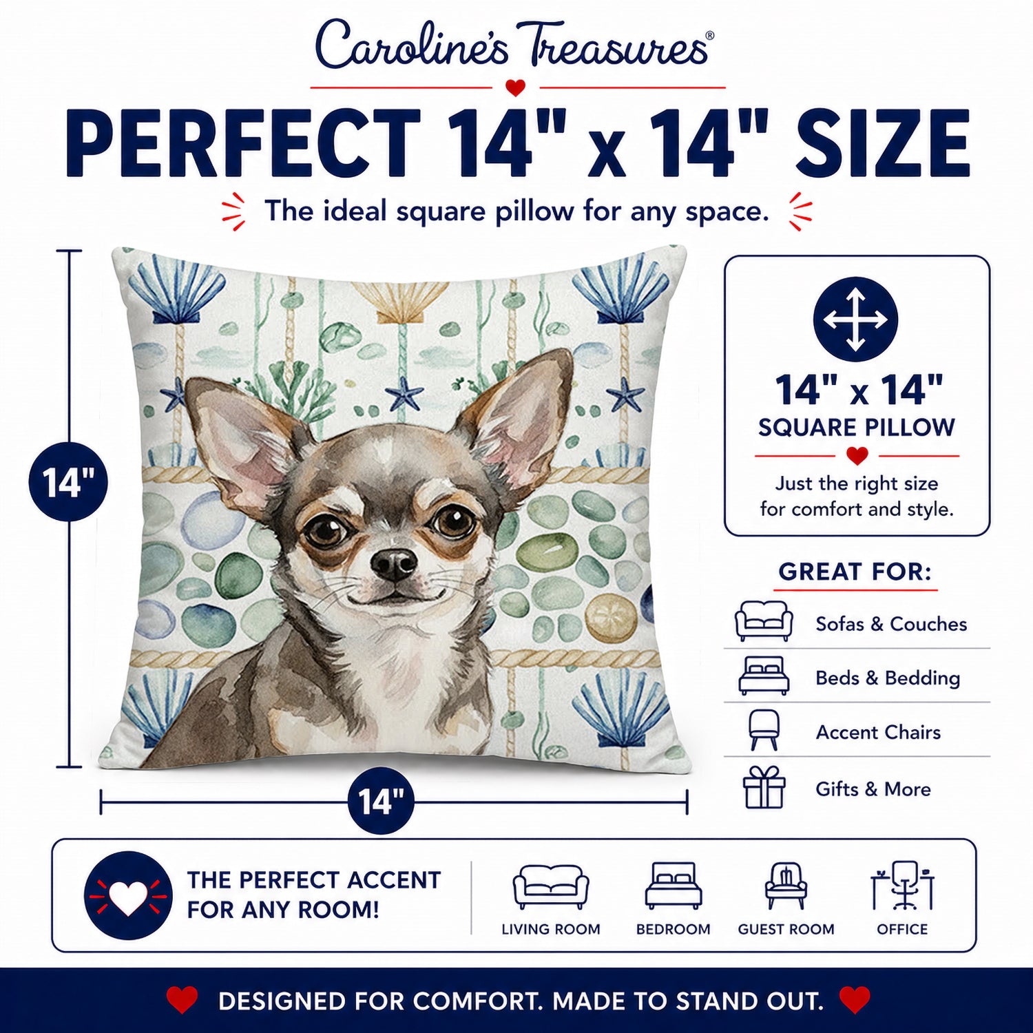 Chihuahua Coastal Sea Glass Decorative Throw Pillow 14x14 Indoor Outdoor Accent Cushion, Fabric Cover with Insert for Sofa, Bed, Porch & Living Room