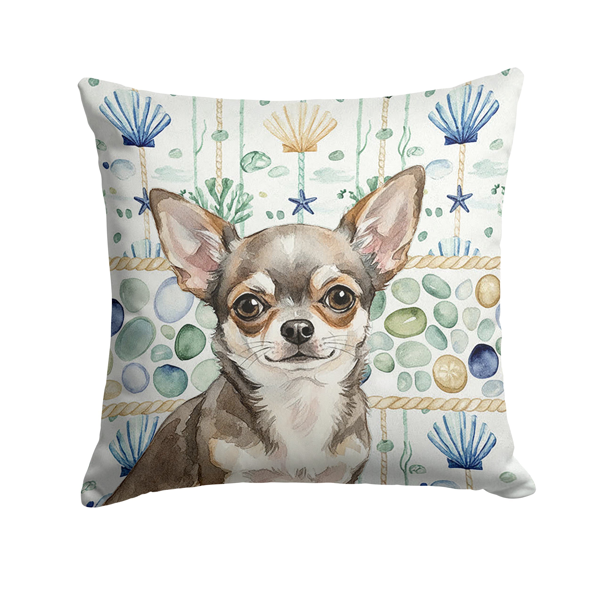 Chihuahua Coastal Sea Glass Decorative Throw Pillow 14x14 Indoor Outdoor Accent Cushion, Fabric Cover with Insert for Sofa, Bed, Porch & Living Room
