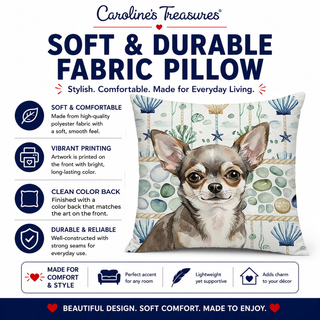 Chihuahua Coastal Sea Glass Decorative Throw Pillow 18x18 Indoor Outdoor Accent Cushion, Fabric Cover with Insert for Sofa, Bed, Porch & Living Room