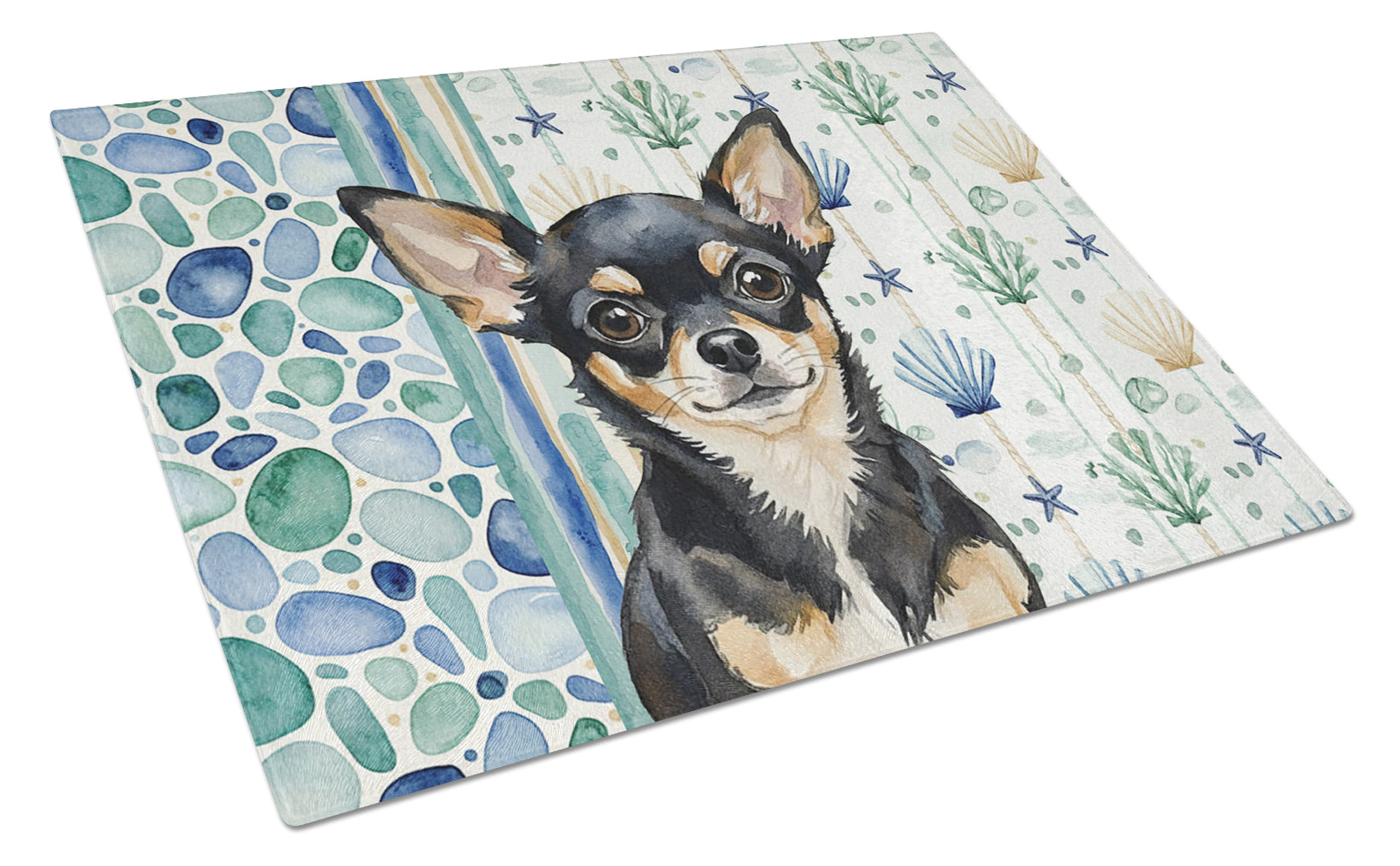 Black and Tan Chihuahua Coastal Sea Glass Cutting Board Tempered Glass Kitchen Cutting Surface, Heat Resistant Chopping, Non-Slip Feet, Food Prep & Serving