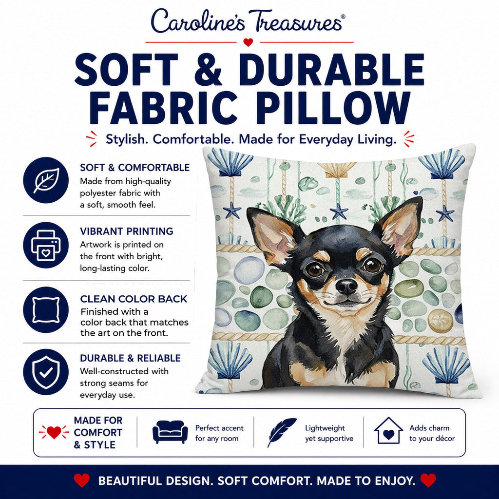 Black and Tan Chihuahua Coastal Sea Glass Decorative Throw Pillow 18x18 Indoor Outdoor Accent Cushion, Fabric Cover with Insert for Sofa, Bed, Porch & Living Room