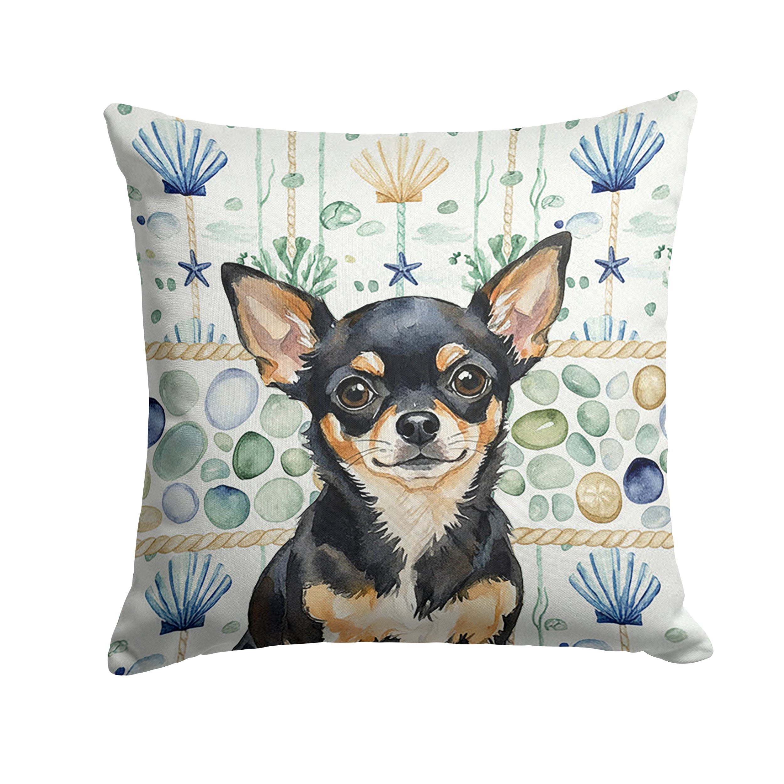 Black and Tan Chihuahua Coastal Sea Glass Decorative Throw Pillow 18x18 Indoor Outdoor Accent Cushion, Fabric Cover with Insert for Sofa, Bed, Porch & Living Room