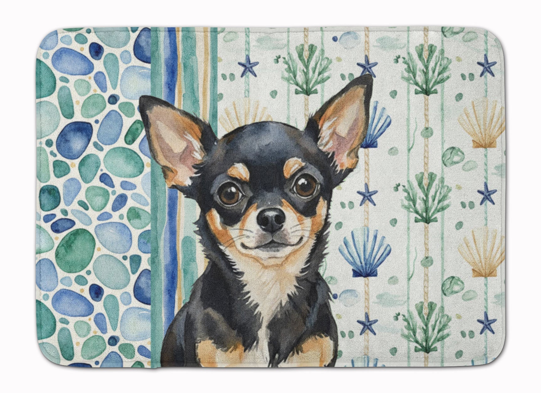 Black and Tan Chihuahua Coastal Sea Glass Memory Foam Kitchen Mat Machine Washable Anti-Fatigue Cushion Comfort Bath or Kitchen Rug