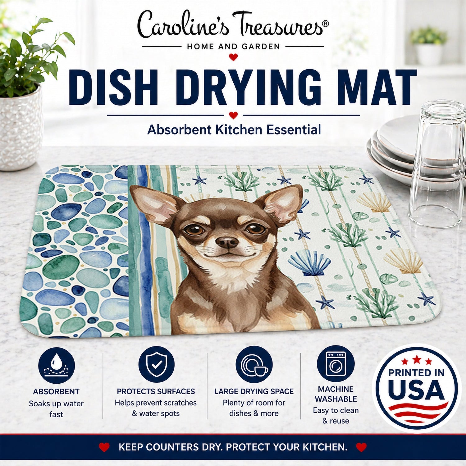 Chocolate Chihuahua Coastal Sea Glass Dish Drying Mat Absorbent Dish Drying Mat Pad for Kitchen Counter Dish Drainer Mat for Countertop, 14 x 21", Multicolor