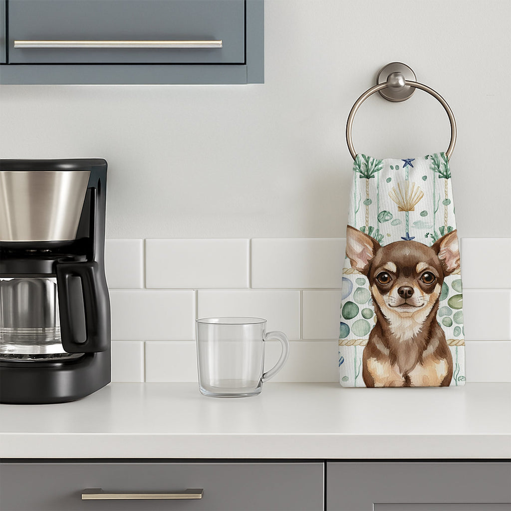 Chocolate Chihuahua Coastal Sea Glass Kitchen Towel Velour Plush Front and Cotton Loop Back Machine Washable