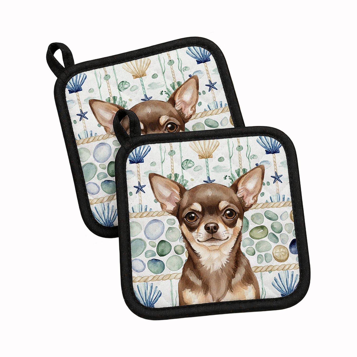 Chocolate Chihuahua Coastal Sea Glass Pot Holder Set of 2 Heat Resistant Quilted Hot Pads 7.5 x 7.5 Inch, Insulated Kitchen Trivets for Cooking & Baking