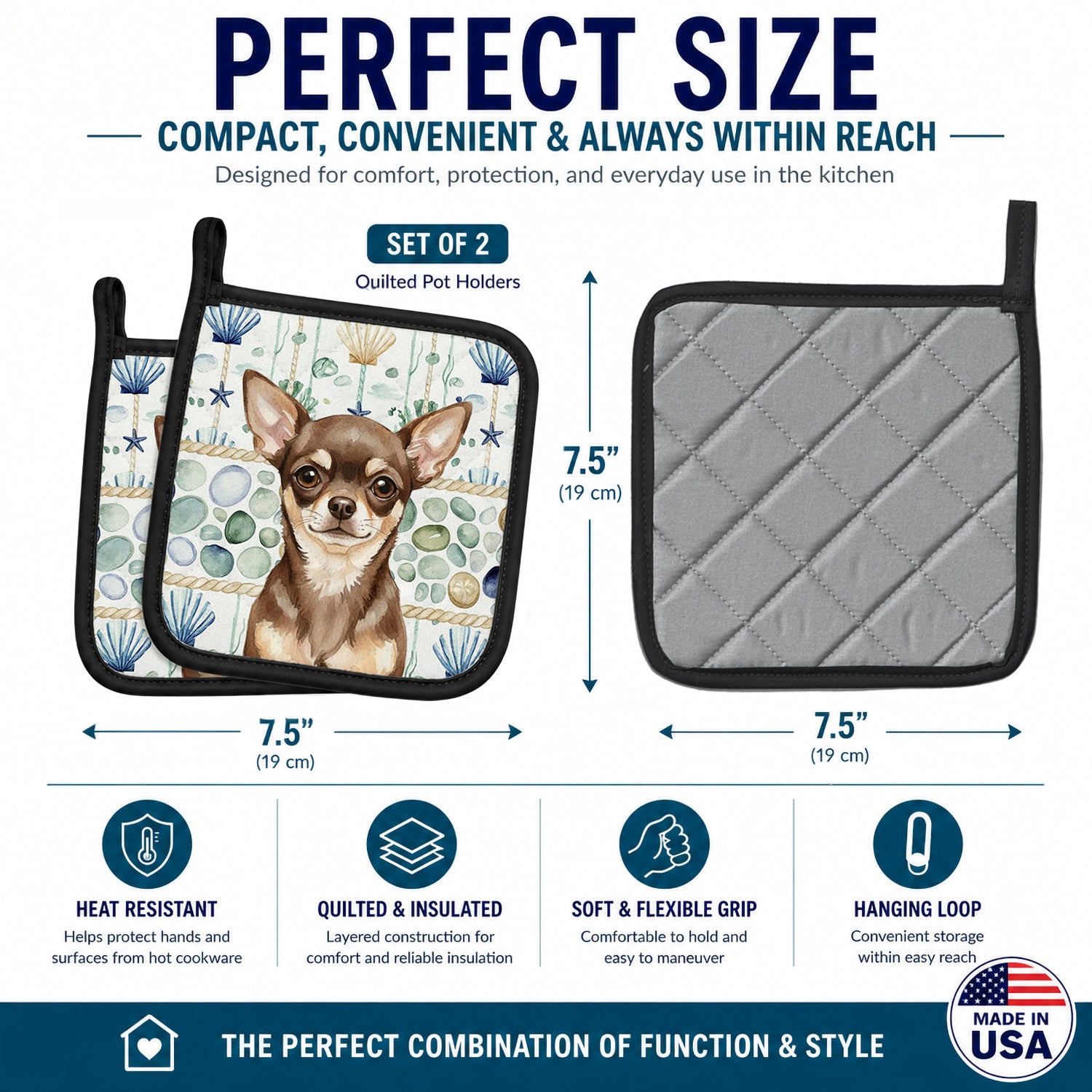 Chocolate Chihuahua Coastal Sea Glass Pot Holder Set of 2 Heat Resistant Quilted Hot Pads 7.5 x 7.5 Inch, Insulated Kitchen Trivets for Cooking & Baking