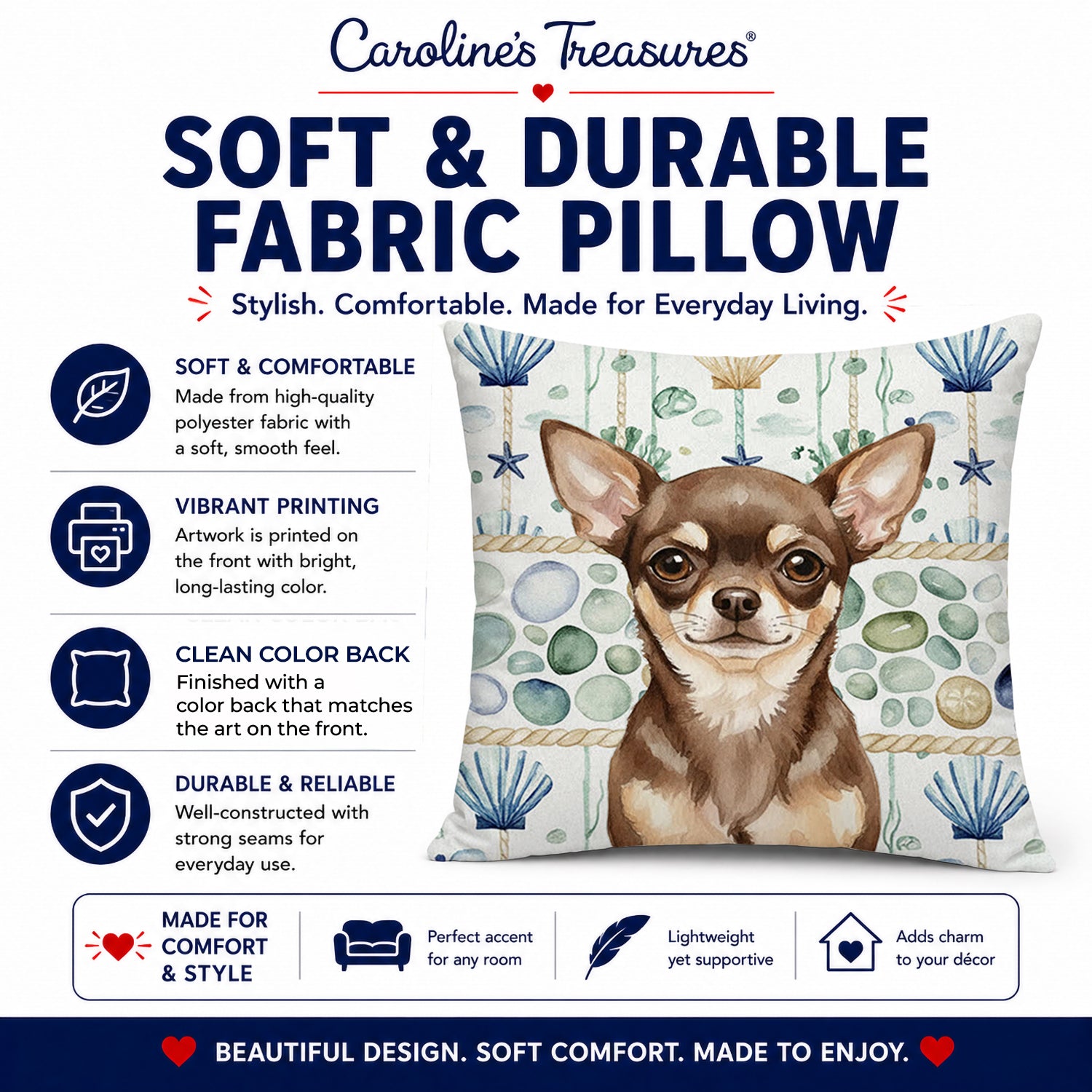 Chocolate Chihuahua Coastal Sea Glass Decorative Throw Pillow 14x14 Indoor Outdoor Accent Cushion, Fabric Cover with Insert for Sofa, Bed, Porch & Living Room